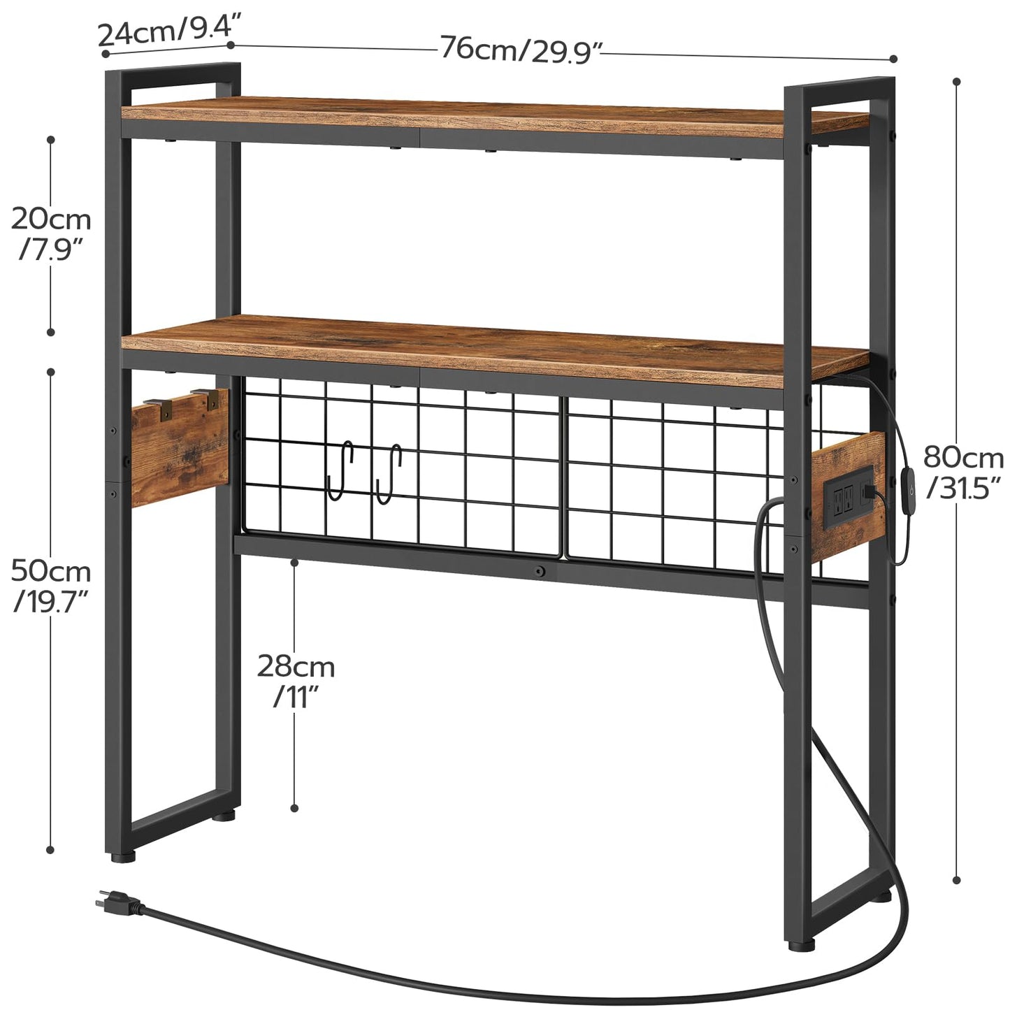 HOOBRO Desktop Bookcase, 2-Tier Office Desktop Organizer, 29.9" Wooden Storage Rack with Outlets, Display Shelf Rack with Light Strip, Desk Hutch for Office, Rustic Brown BF11UDSJ01
