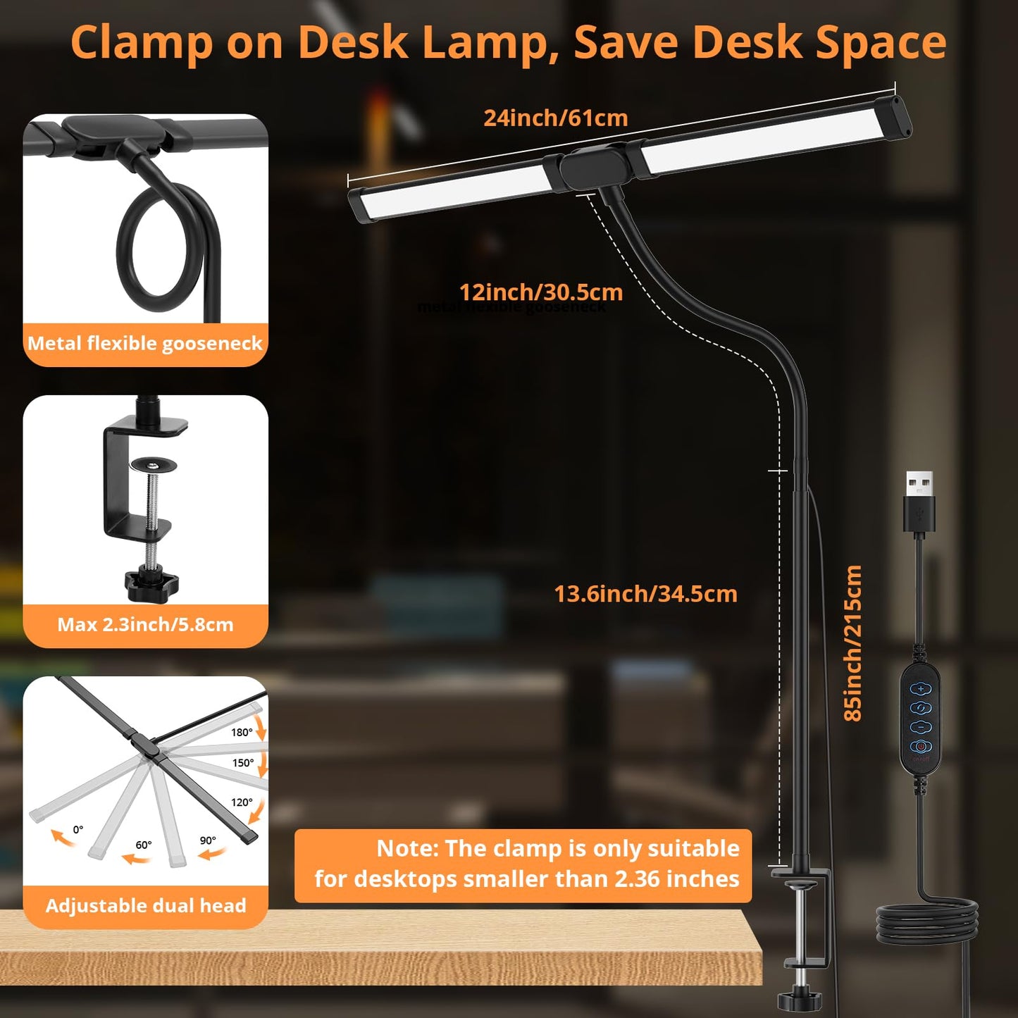 Desk Lamp with Clamp, Eye-Caring Desk Light with 50 Lighting Modes, Wide Double Head, Adjustable Architect Light Flexible Neck, Table lamp for Home Office, Computer, Craft(Includes Adapter)