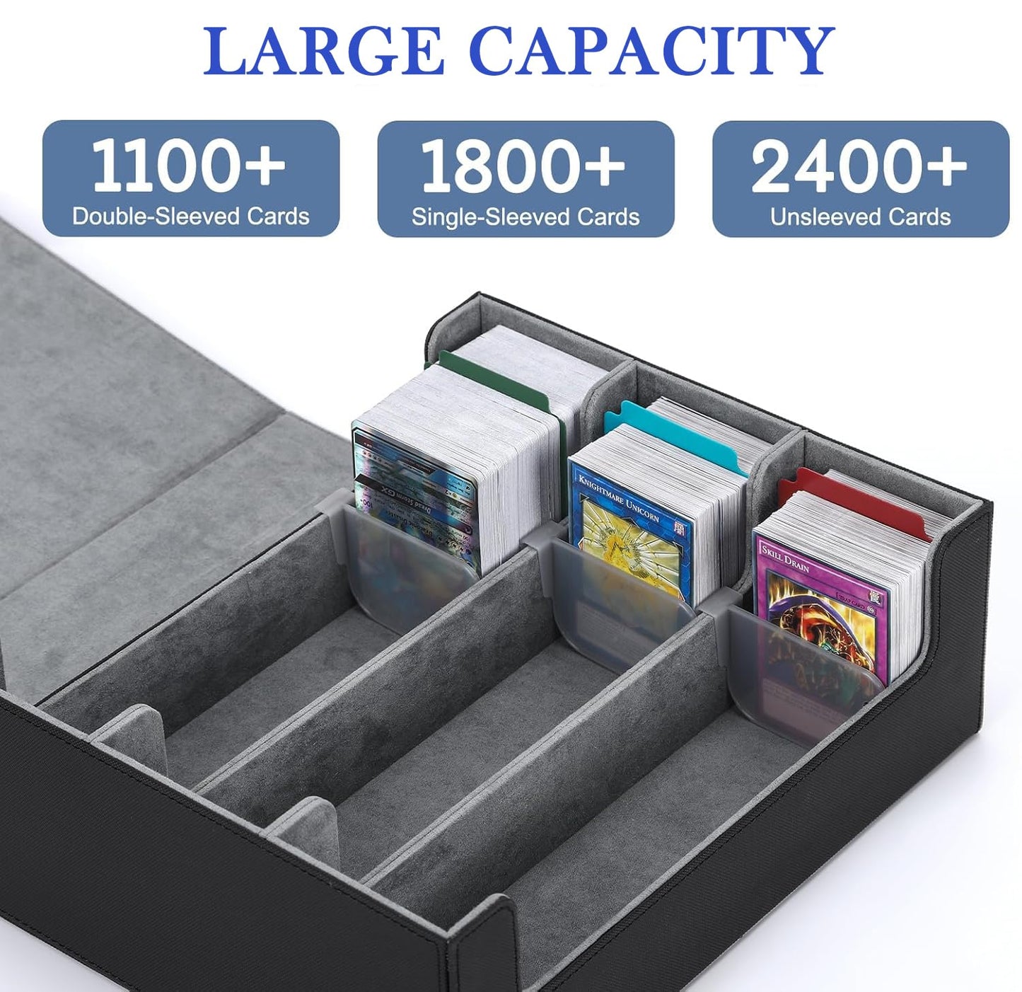 TERRALYX Card Deck Case for Trading Cards 1800+, Trading Card Storage Box with 8 Dividers and 3 Stoppers, Leather Magnetic Closure Deck Box Fit for YuGiOh, MTG and Sport Cards（gray）