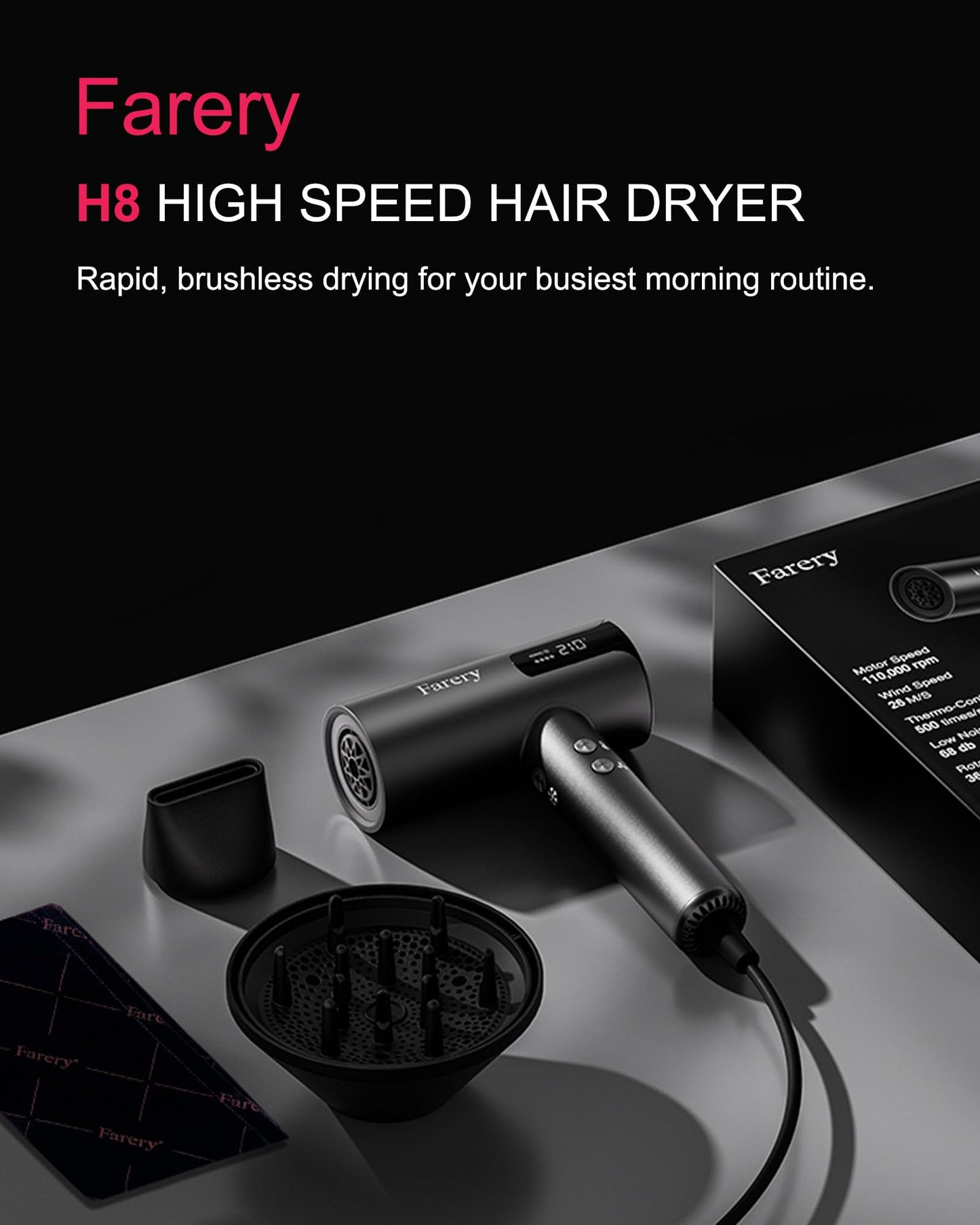Farery H8 Ionic Hair Dryer with Diffuser – 110,000 RPM for Ultra-Fast Drying, 1400W Powerful Heat, Negative Ion Technology for Frizz Controll, 4 Heat & 4 Speed Settings, Magnetic Nozzle, HD Display