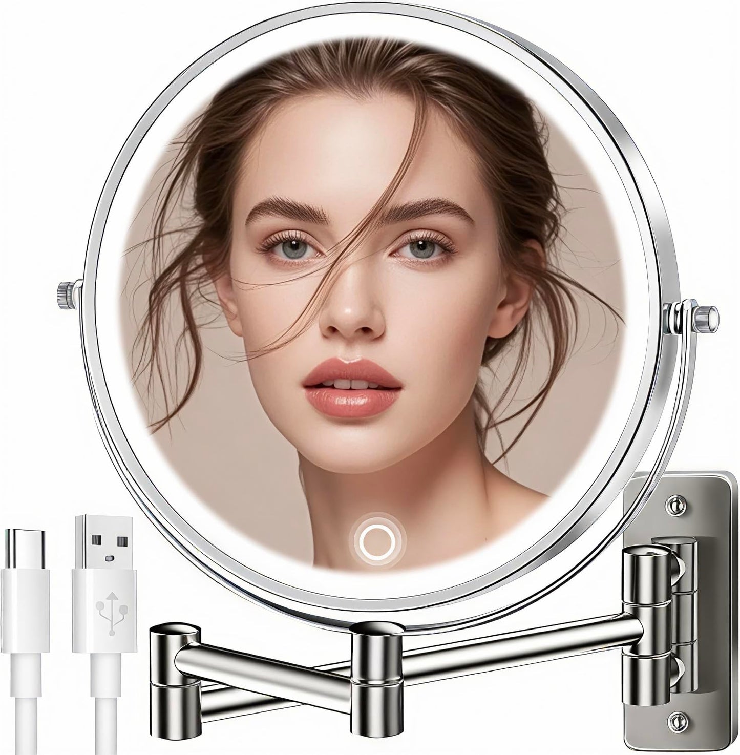 5000mAh Rechargeable Wall-Mounted Lighted Makeup Mirror, 15X HD Magnifying Mirror with 3-Color Dimmable LED Lights, Touch-Sensitive Control, 17" Extendable 360° Swivel Bathroom Mirror, Pearl Nickel