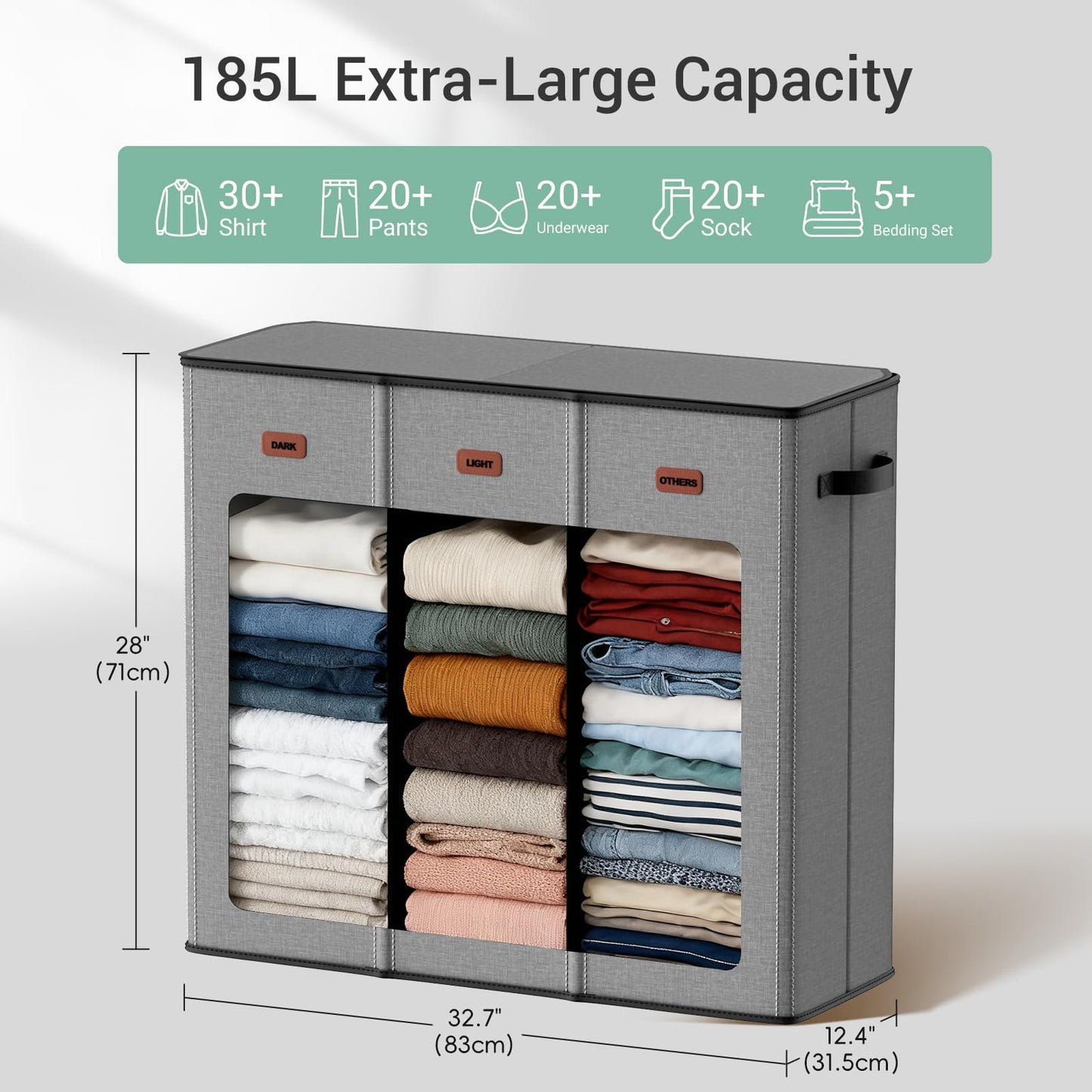 Fuonsyn 185L Laundry Hamper 3 Section with Lid, Grey Hamper 3 Compartment with 3 Removable Laundry Bags, Large Laundry Basket for Bedroom, Laundry Room, Dorm