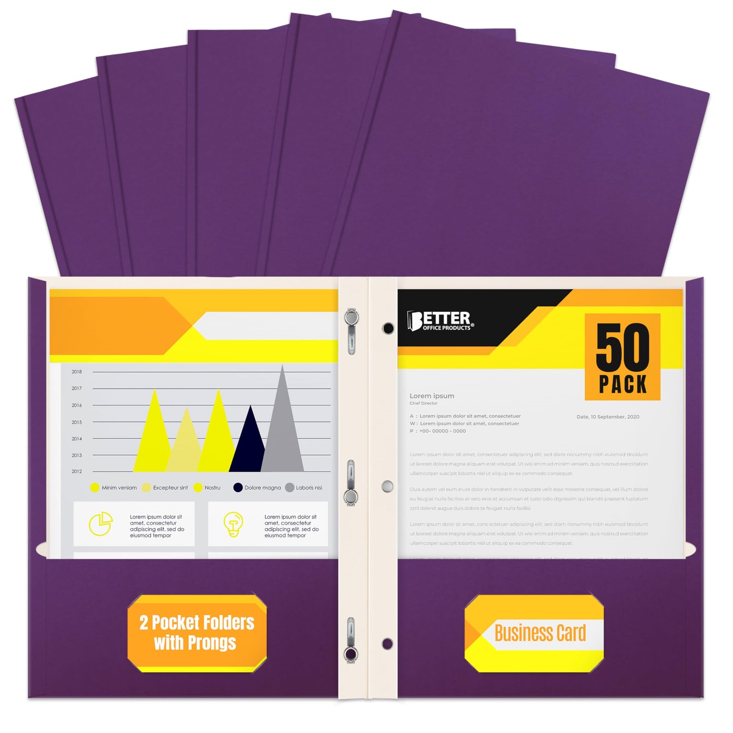 Better Office Products Purple Paper 2 Pocket Folders with Prongs, 50 Pack, Matte Texture, Letter Size Paper Folders, 50 Pack, with 3 Metal Prong Fastener Clips, Purple