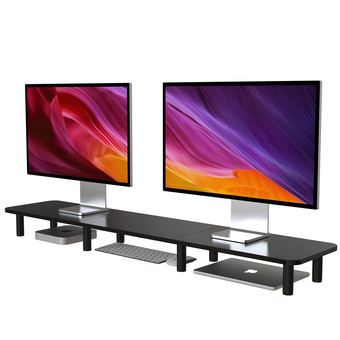 WEGASTU Dual Monitor Stand Riser 43.7 inch Large Extra Long Monitor Stand Riser Wide TV Stand Riser Monitor Stand for 2 Monitors Wood & Steel Leg Adjustable height Desktop Riser Desk Organization Home Office (Black)