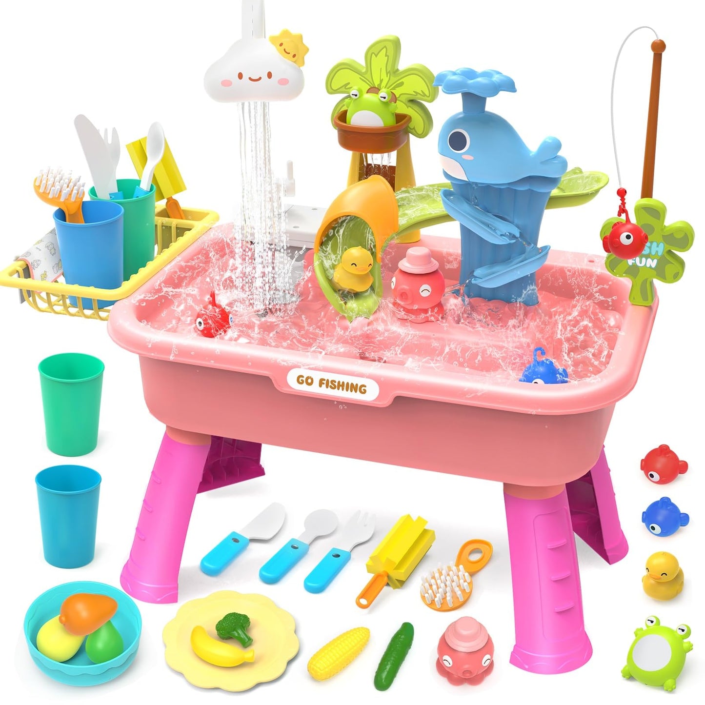 21" H Play Sink with Running Water, 4-in-1 Kids Kitchen Sink Toy with Electric Faucet, Mini Water Table with Detachable Legs, Fishing Game, Pretend Play Dishwasher Gift Set for Boys & Girls(Pink)