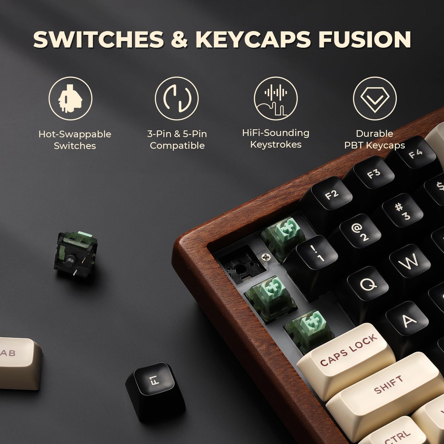 GLENCREAG WK84 USB-C Wired Wooden Mechanical Keyboard, 75% Layout 84 Keys, Gasket Mount, RGB Backlit, Hot-Swappable Green Switches, QMK/VIA Programmable, for Gaming & Typing