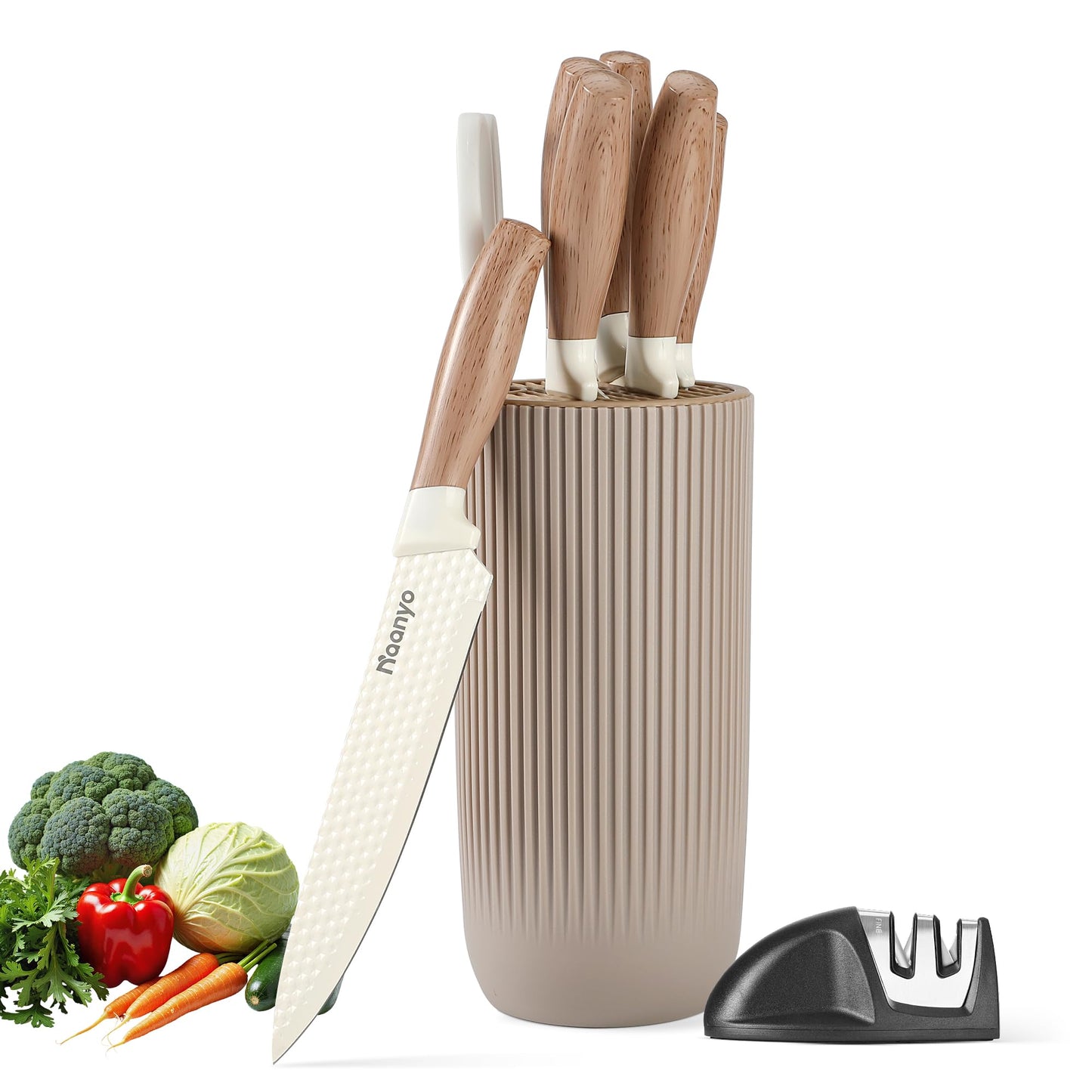 Naanyo 8-Piece Kitchen Knife Set with Sharpener, Universal Knife Block, Stainless Steel Blades, Ergonomic Design, Rust-Resistant, Home & Gift Essentials Chef Knives
