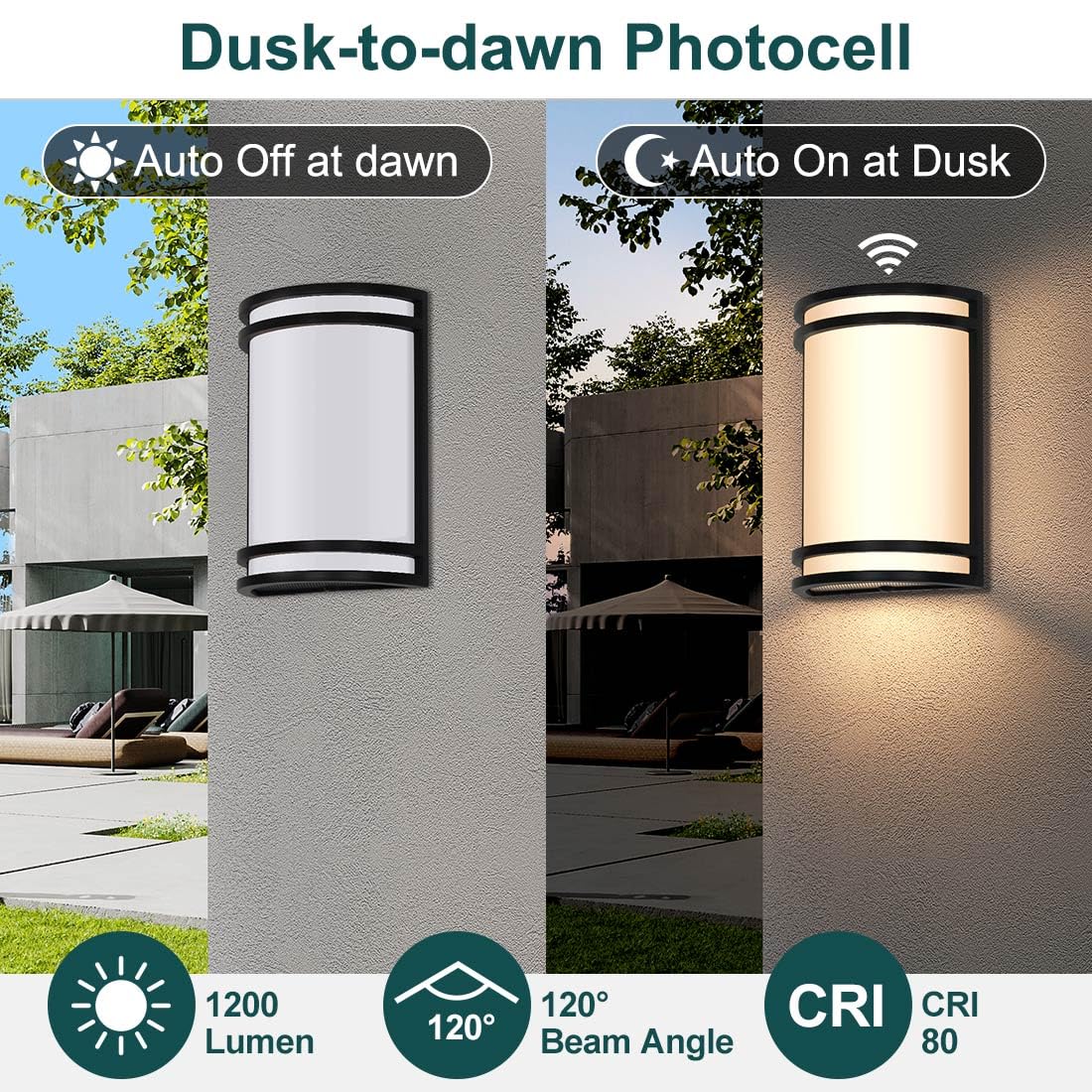 kadision Dusk-to-Dawn LED Wall Sconce, 3000K/4000K/5000K 3-Color Adjustable, 15W 1200lm 120V, Half-Cylinder Outdoor Wall Lights for House, Aluminum Frame, 2-Pack