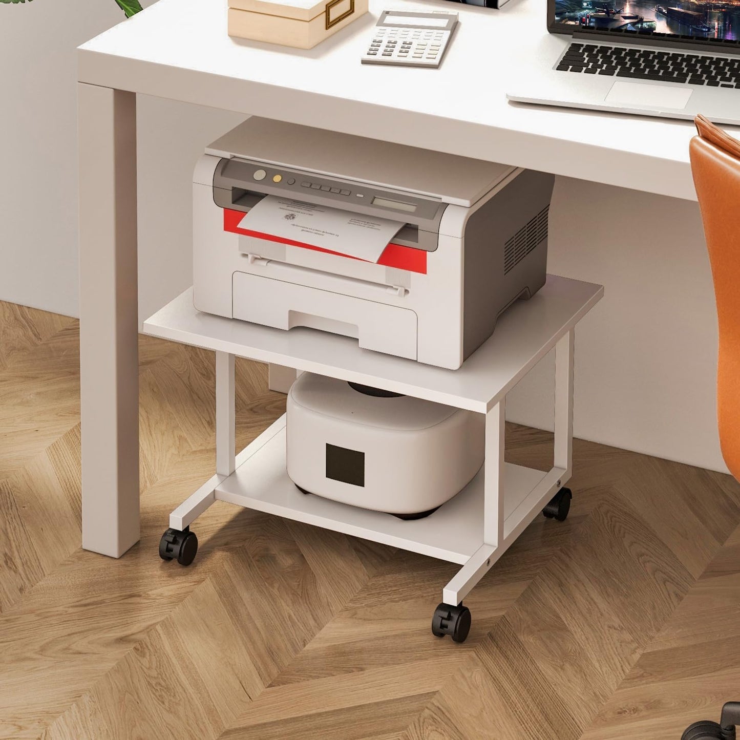Livofloral Under Desk Printer Stand, Mobile Printer Table for Home Office, Printer Trolley with Wheels, Large Printer Stand, Printer Trolley for Desk, White