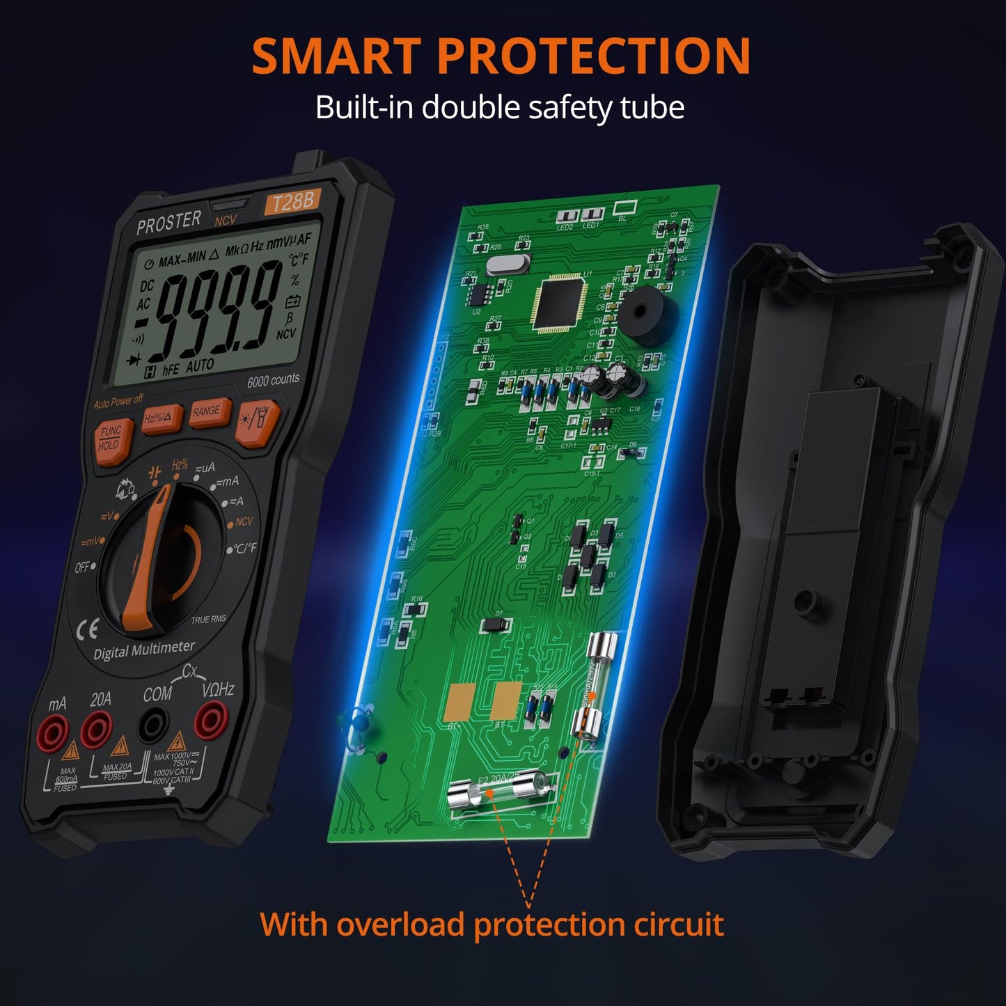 Proster Digital Multimeter 6000 Counts TRMS Auto Range NCV Detector DC AC Voltage Current Meter Temperature Capacitance Resistance Diode Continuity Tester