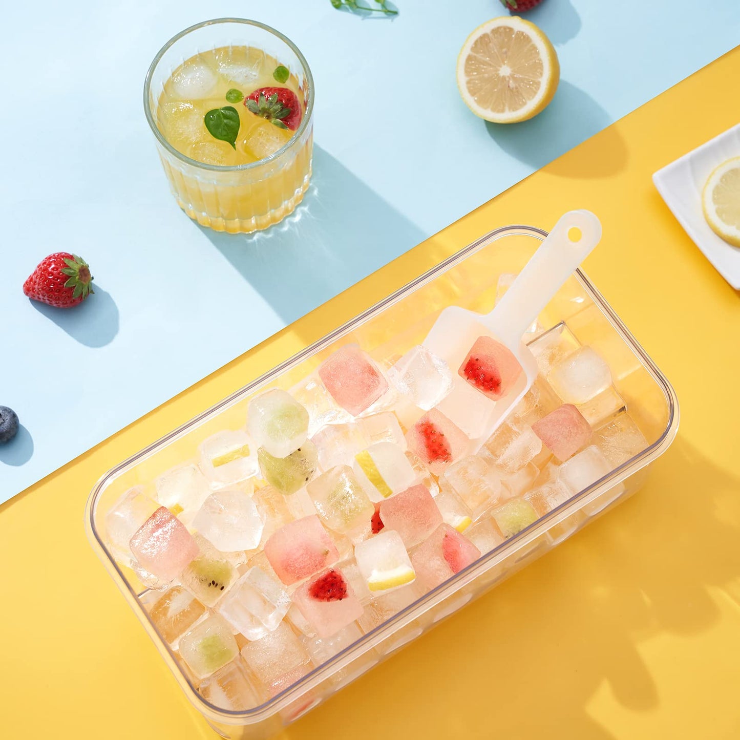 Ice Cube Tray with Lid and Bin, PHINOX 96 pcs Ice Trays for Freezer, Ice Cube Trays for Freezer with 3 Trays, Container, Lid & Ice Scoop, BPA Free