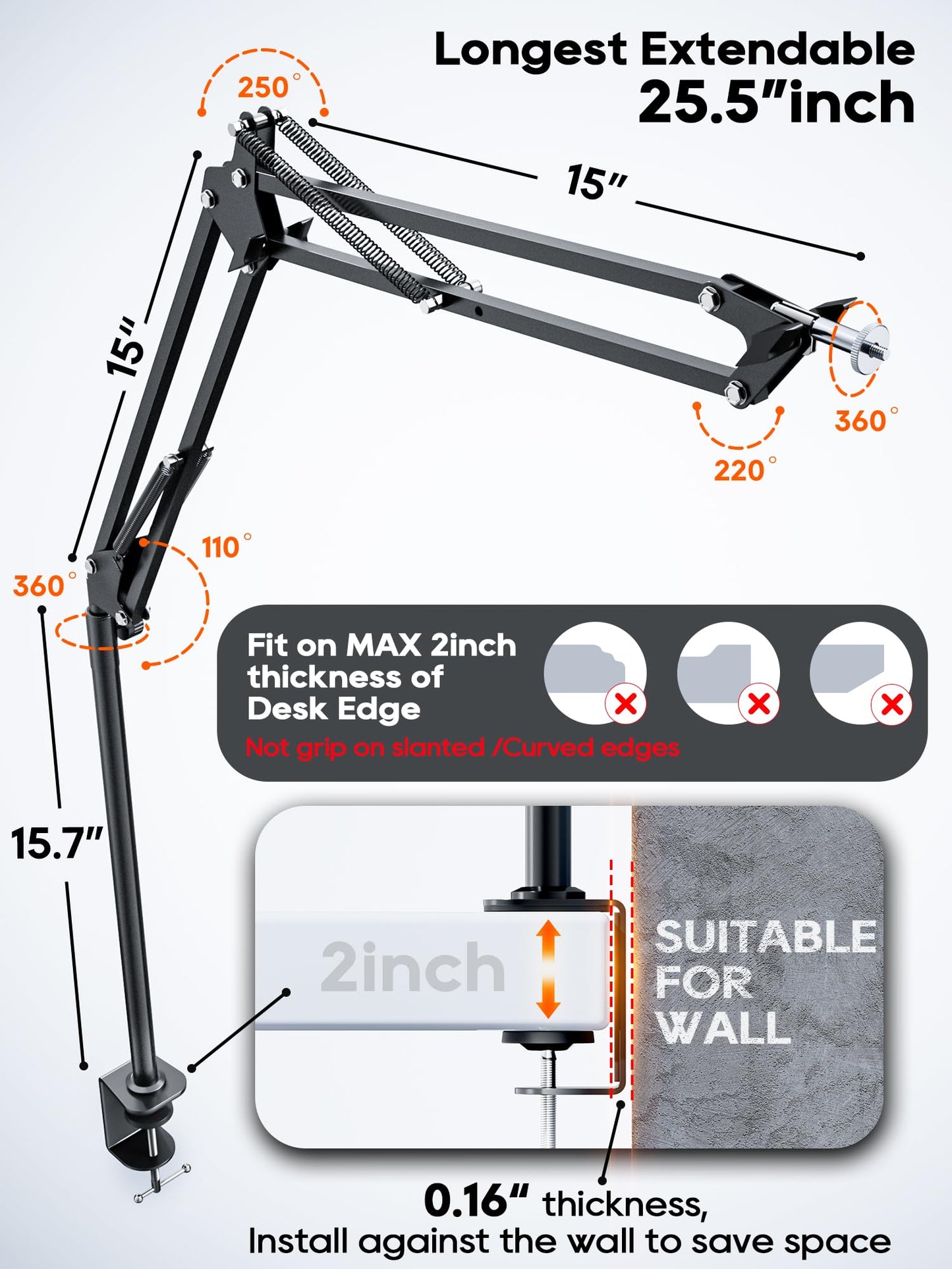CACENCAN Overhead Camera Mount, 5lb Horizontal Load-Bearing, 360° Adjustable Stand for Desk, Flexible Camera Arm Desk Mount, with Phone Clamp, Tabletop Mount for DSLR Camera/Webcam/Microphone