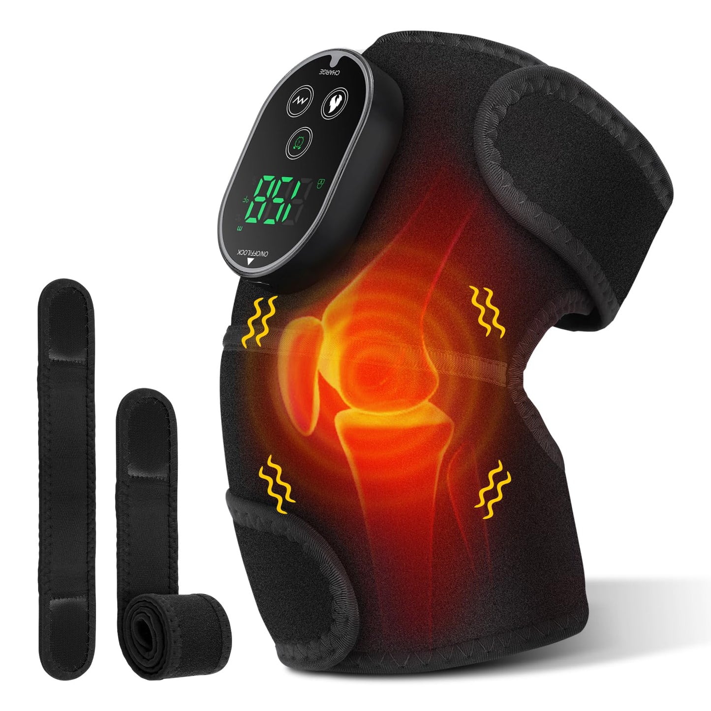 Cordless Heated Knee Massager for Knee Shoulder Elbow, Heated Knee Brace with Vibration for Men and Women, 3 Vibration Modes and 6-level Heating, 3 Timer Setting, Heating Pad for Knee, Black