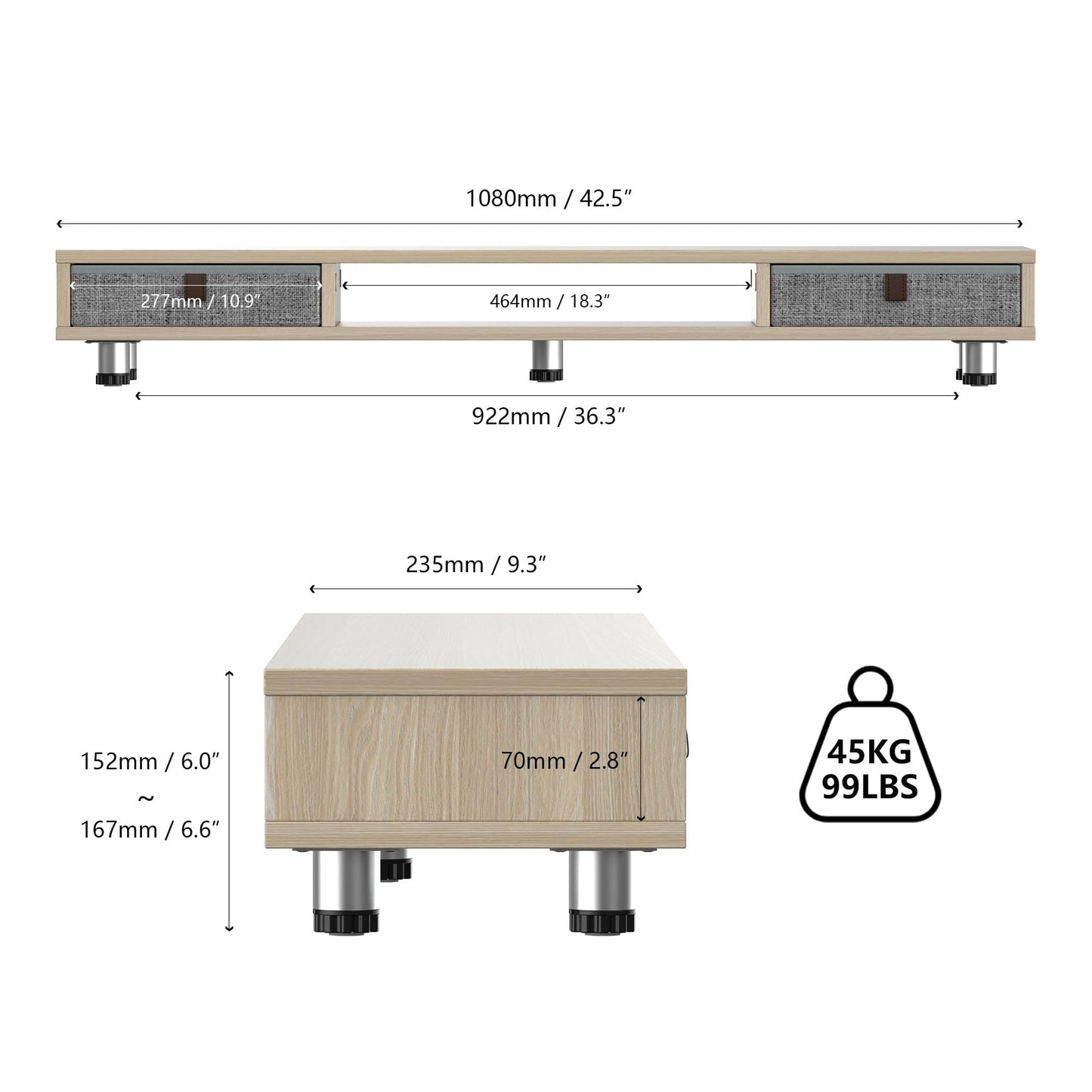 FENGE Dual Monitor Stand with 2 Drawers 42.5 Inch Large Computer Monitor Riser for Desk, Adjustable Height Desk Organizer with Storage for Laptop, PC, TV, Printer, Whole Piece Board Oak