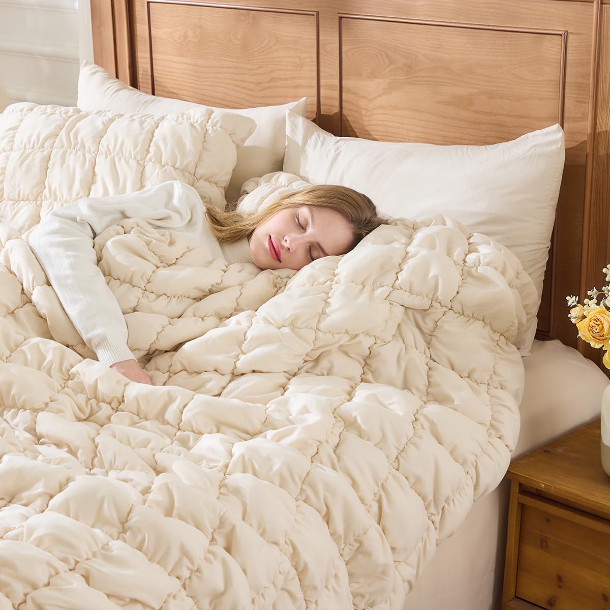 Jameswish Beige Comforter Set Queen Size Bed in A Bag 7 Piece Pinch Pleat Bedding Set,Pintuck Ruched Square Bed Set with Comforter, Sheets, Pillowcases & Shams