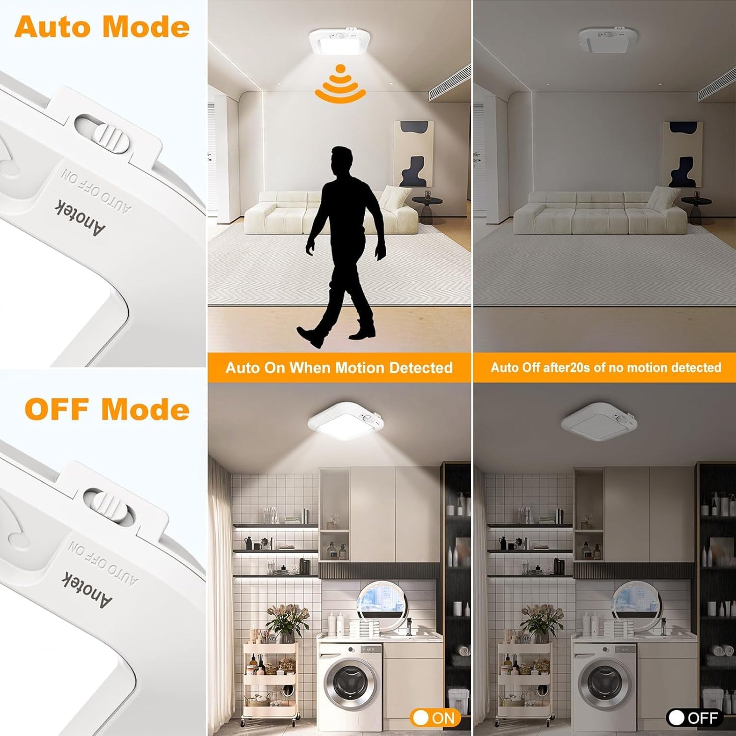 Battery Operated Ceiling Light, Motion Sensor LED Ceiling Light Battery Powered Indoor, Motion Activated Light 6000K for Bathroom Stair Hallway Shed Laundry Daylight Auto On/Off (White, 2 Pack)