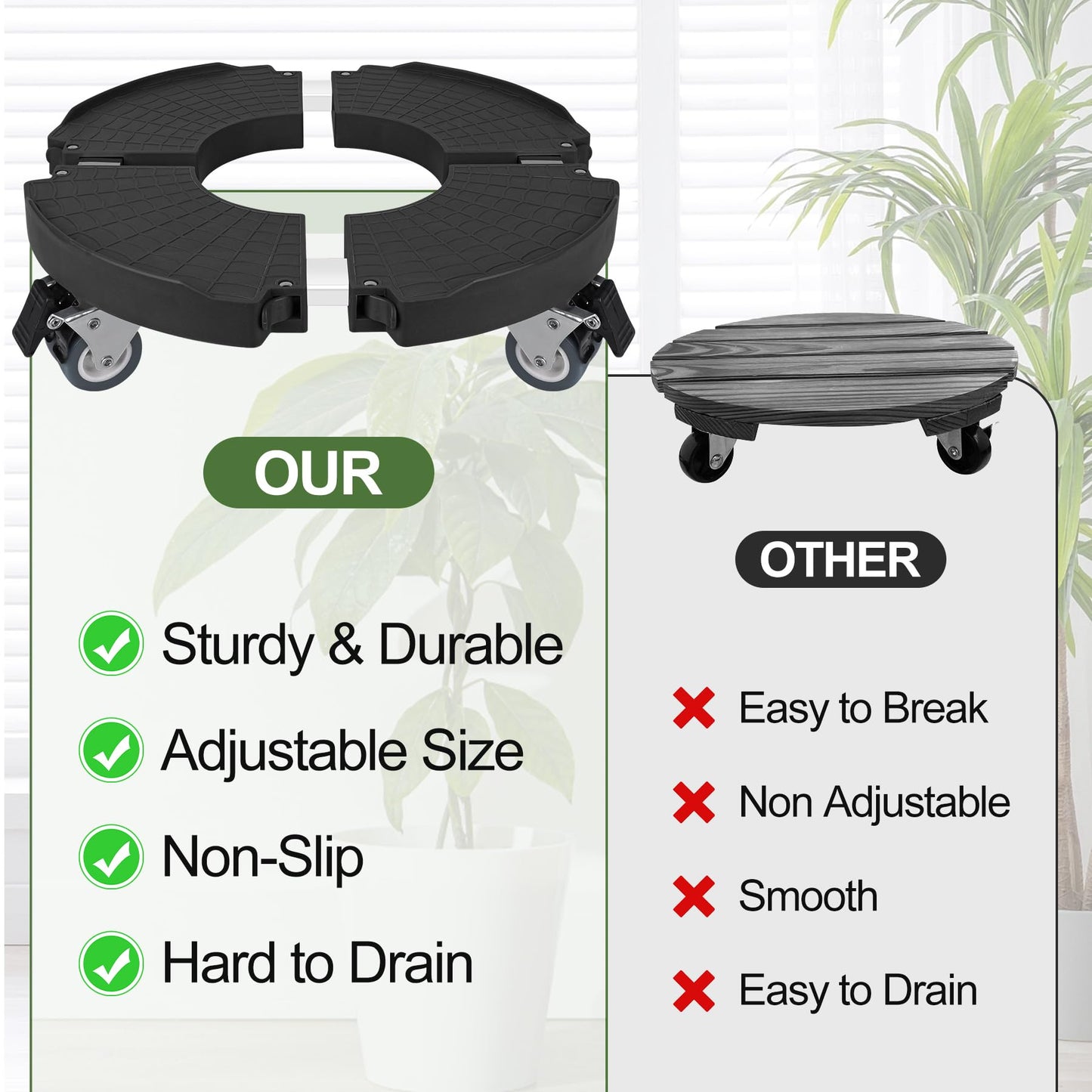 2 Pack Plant Caddy Stands with 360° Wheels Adjustable 15-22 Inch Rolling Plant Stands Heavy Duty Large Plant Carts Dolly with Casters 440lbs Capacity for Large Planter, Garden Pot, Flower Pot, Black