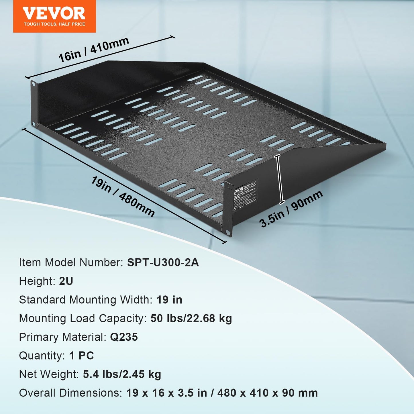 VEVOR 2U Server Rack Shelf, Universal Vented Rack Mount Cantilever Tray for 19 inch Network Equipment Rack & Cabinet, 16" Deep Rack Mount Shelf, Weight Capacity 50 lbs Wall Mount Rack Shelf