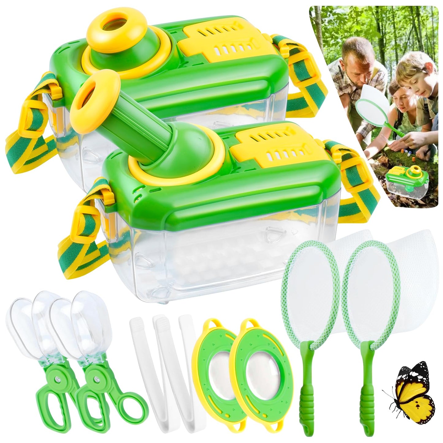 JYNTERPLAY 2 Pack Bug Catcher for Kids Insect Catching Kit 360° Rotating Viewing Angle with Butterfly Net Tweezer Magnifying Glass Clamp Outdoor Explorer Activities for Age 3-5 5-8 8-12