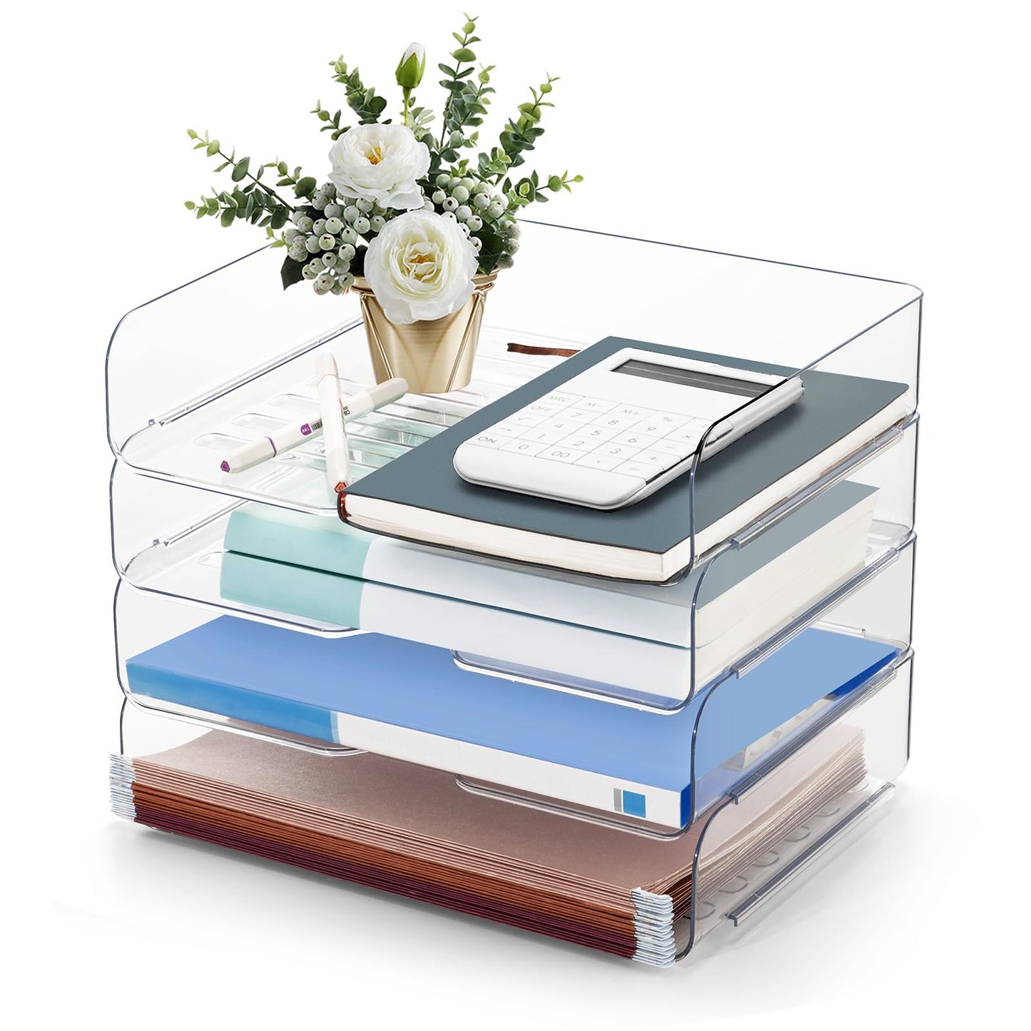 Desk Organizer and Tray, 4-Tier Paper Letter Tray, Stackable Clear Desktop Organizer for Documents, Paper, Books and Magazines, Office Supplies (Clear, 4 Pack)