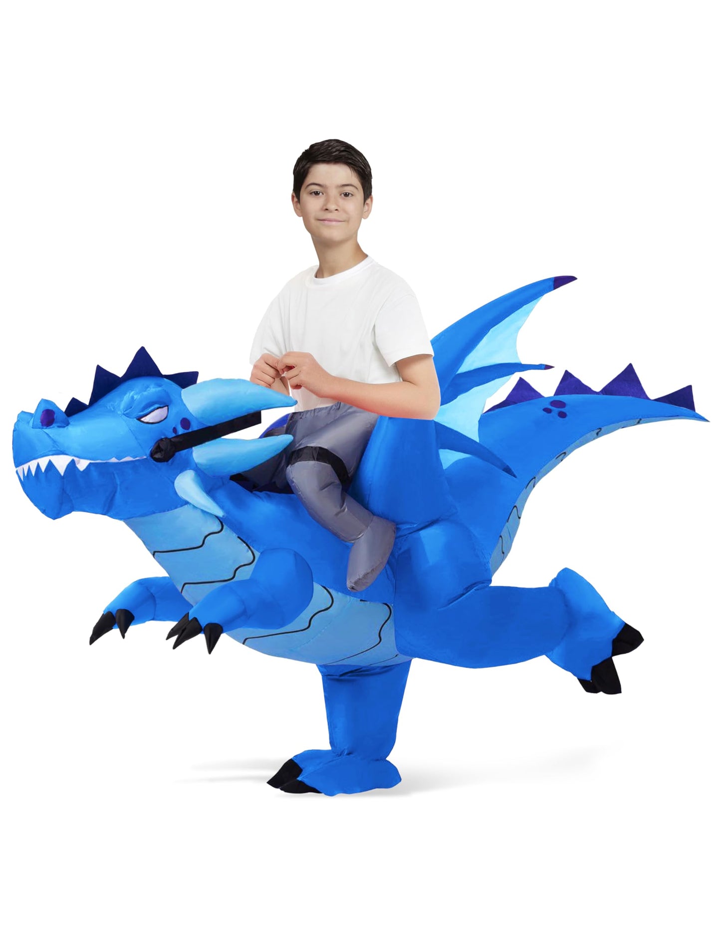 Spooktacular Creations Inflatable Costume for Kids, Ride on Ice Dragon Inflatable with Hat, Dragon Costume Blue(M)