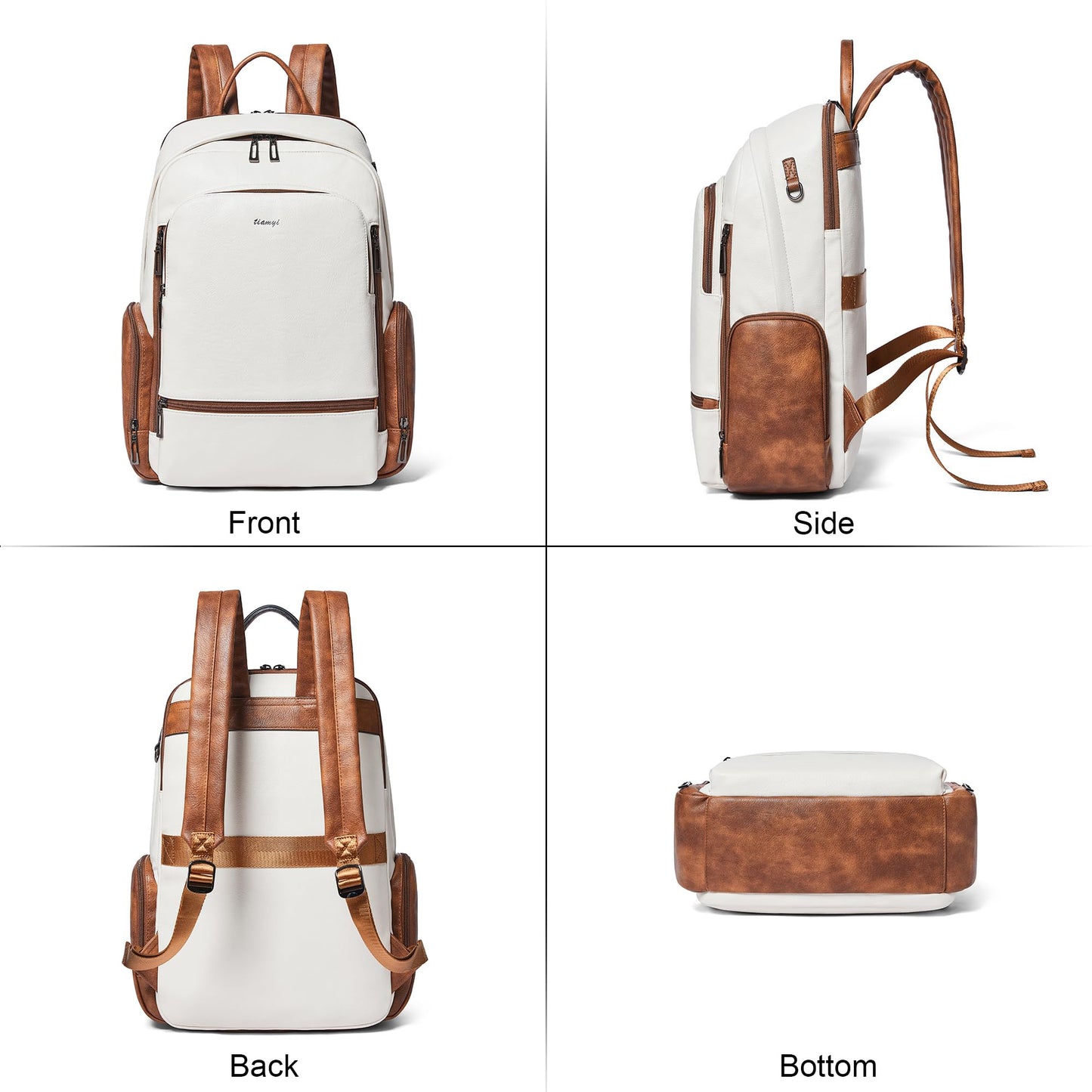 TIAMYI Computer Backpack for Women Soft Vegan Leather Back pack with 16.0 inch Laptop Compartment, Designer Ladies Travel Backpack, Beige