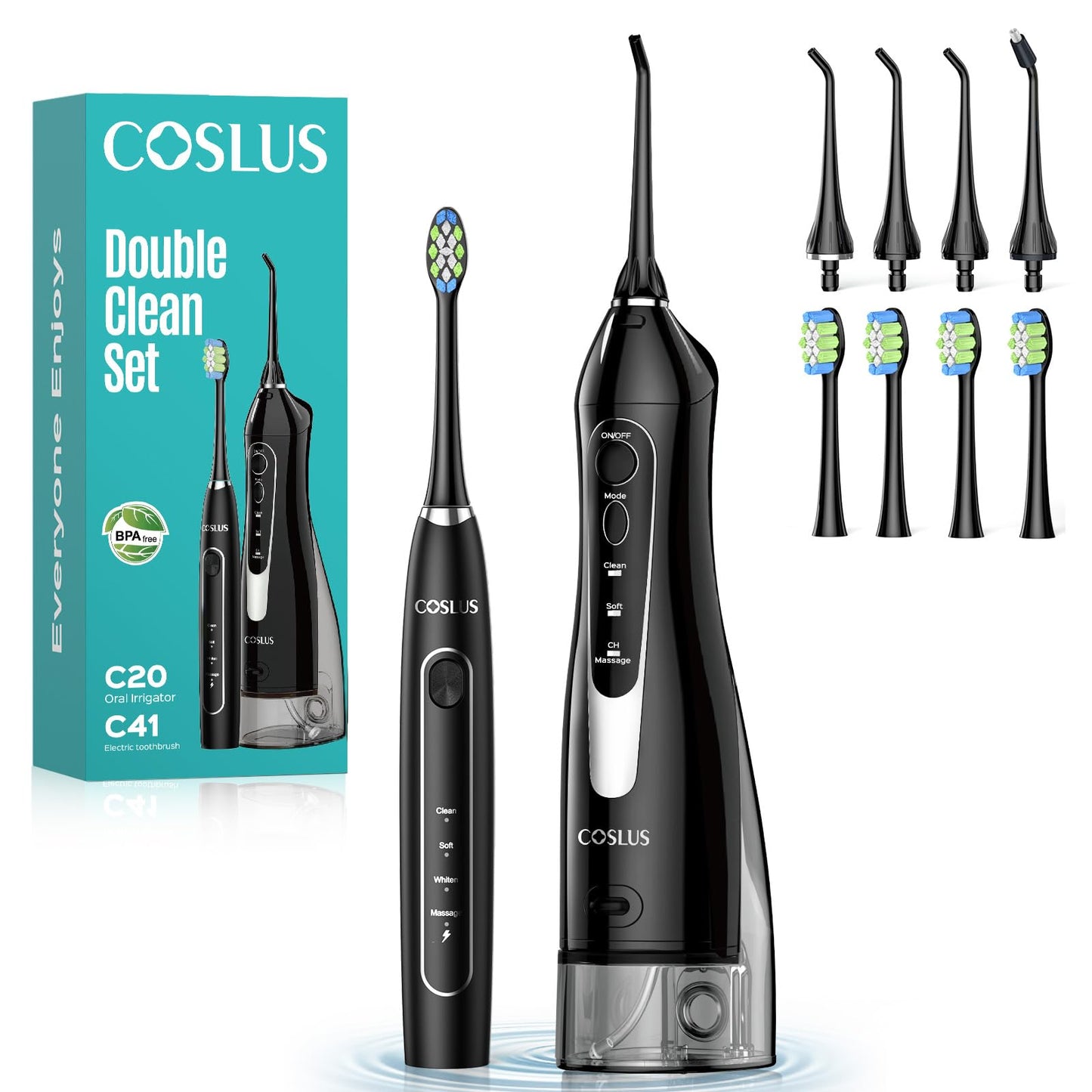 COSLUS Water Teeth Flosser & Electric Toothbrush Combo: 2-in-1 Portable Deep Cleaning Kit, Sonic Toothbrush and Pick with Multiple Modes & 4 Tips 4 Brushes for Family, IPX7 Waterproof, Black, C20&C41