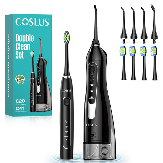 COSLUS Water Teeth Flosser & Electric Toothbrush Combo: 2-in-1 Portable Deep Cleaning Kit, Sonic Toothbrush and Pick with Multiple Modes & 4 Tips 4 Brushes for Family, IPX7 Waterproof, Black, C20&C41