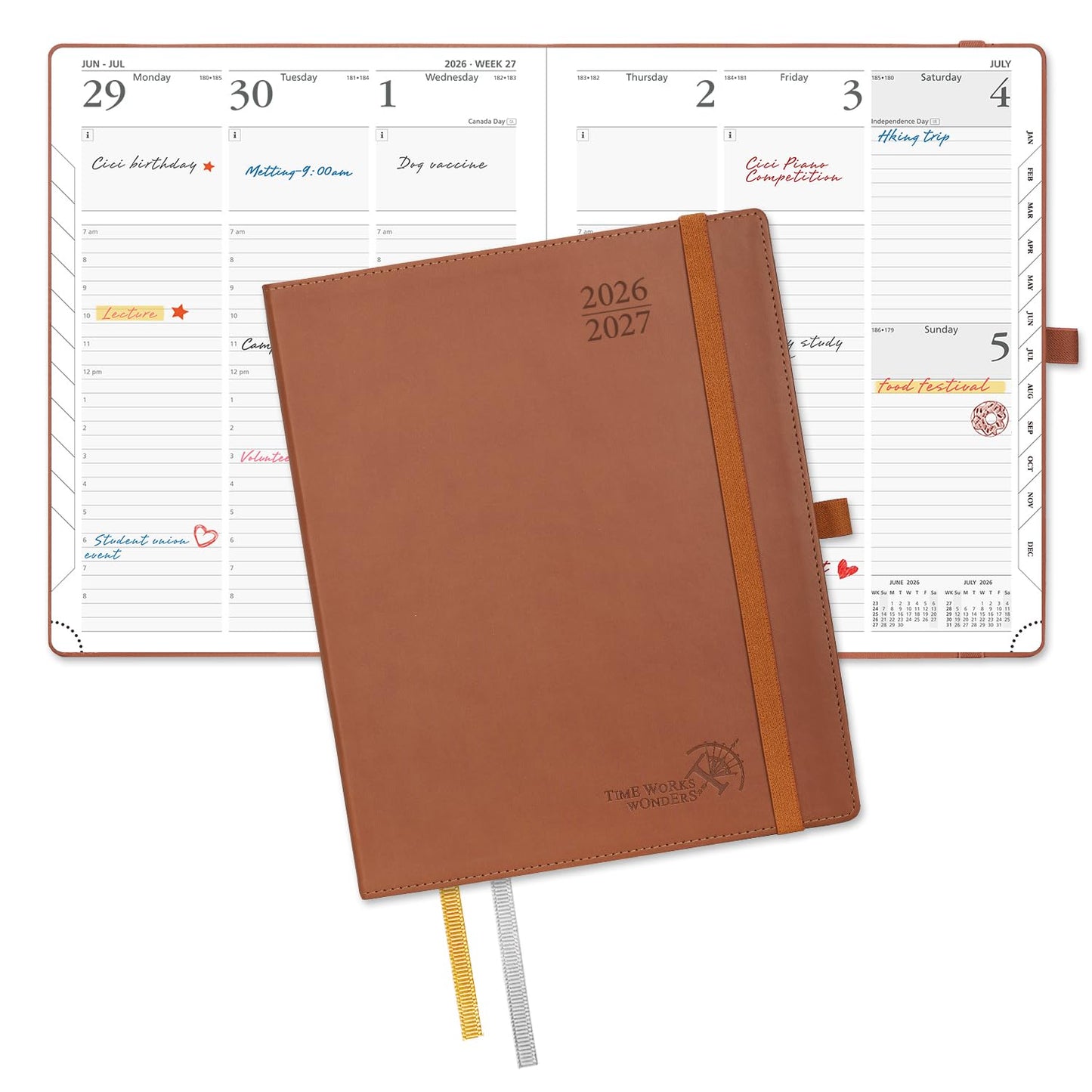 POPRUN Planner 2026-2027, Large-8.5'' x 10.5'', Academic Year Agenda (July 26 - June 27) with Hourly Time Slots, Weekly and Monthly Planner for time Management, Leather Soft Cover - Brown
