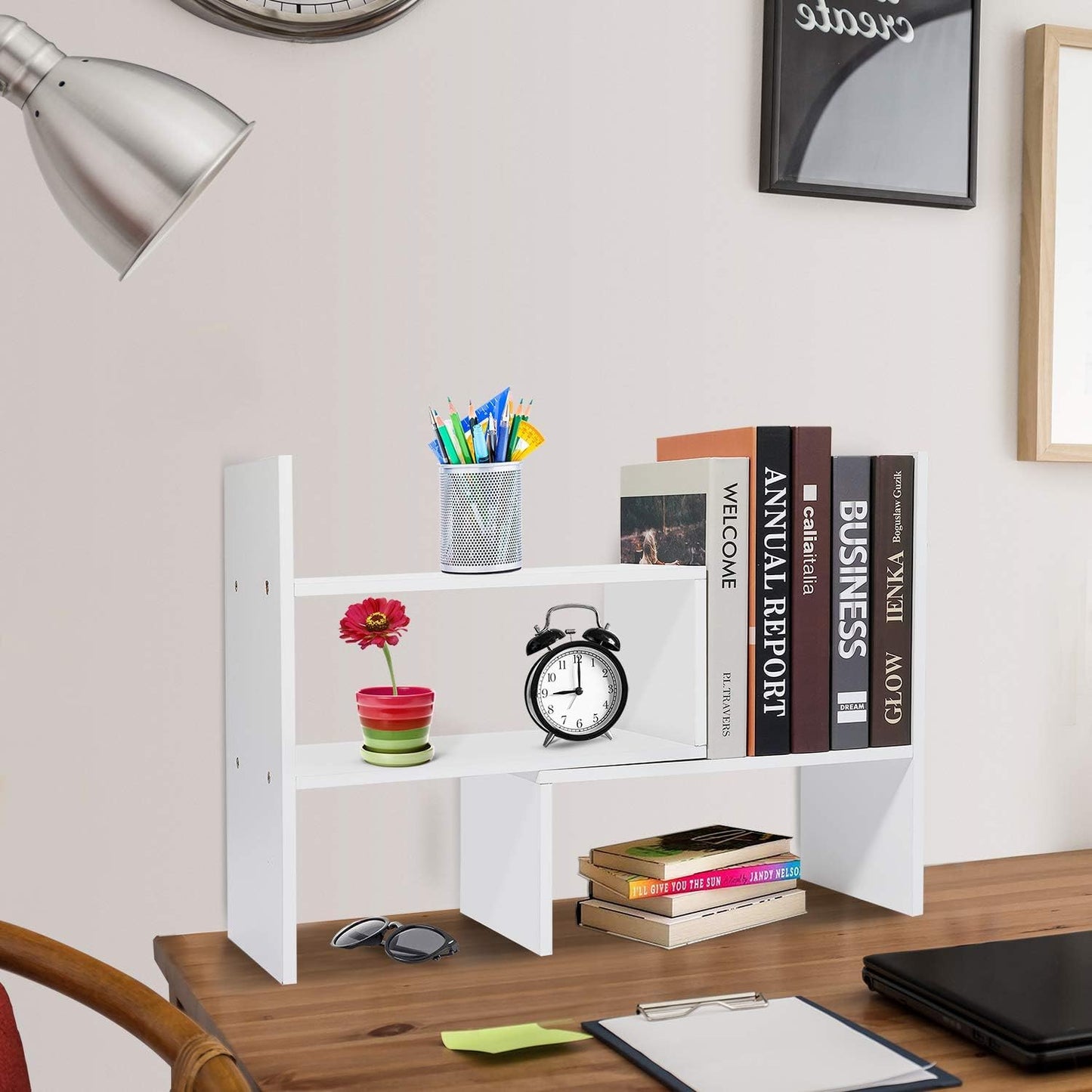 Expandable Wood Desktop Bookshelf Desktop Organizer Office Storage Rack Wood Display Shelf - Free Style Display True Natural Stand Shelf Rack Assembled Bookcase Adjustable Display Rack, White