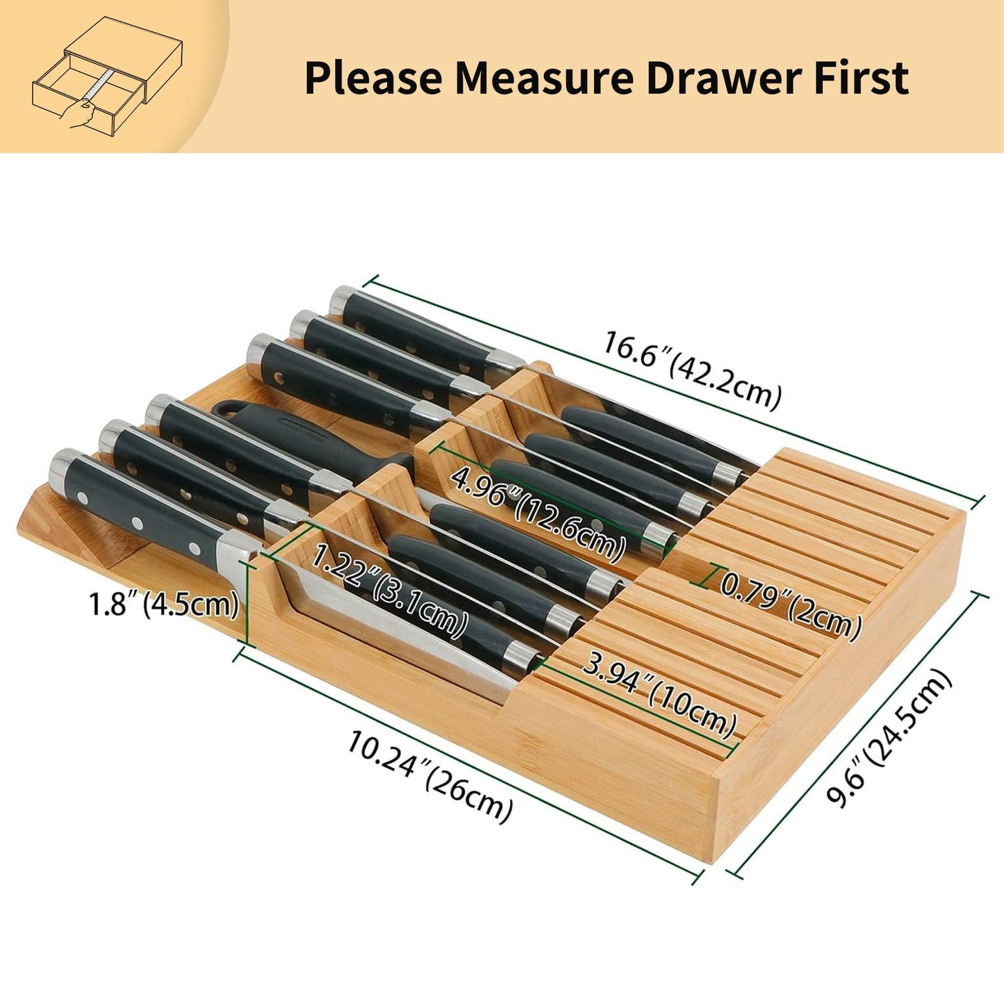 Utoplike in-Drawer Knife Block Bamboo Kitchen Knife Drawer Organizer,Large Handle Steak Knife Holder Without Knives, fit for 12 Knives and 1 Sharpening Steel
