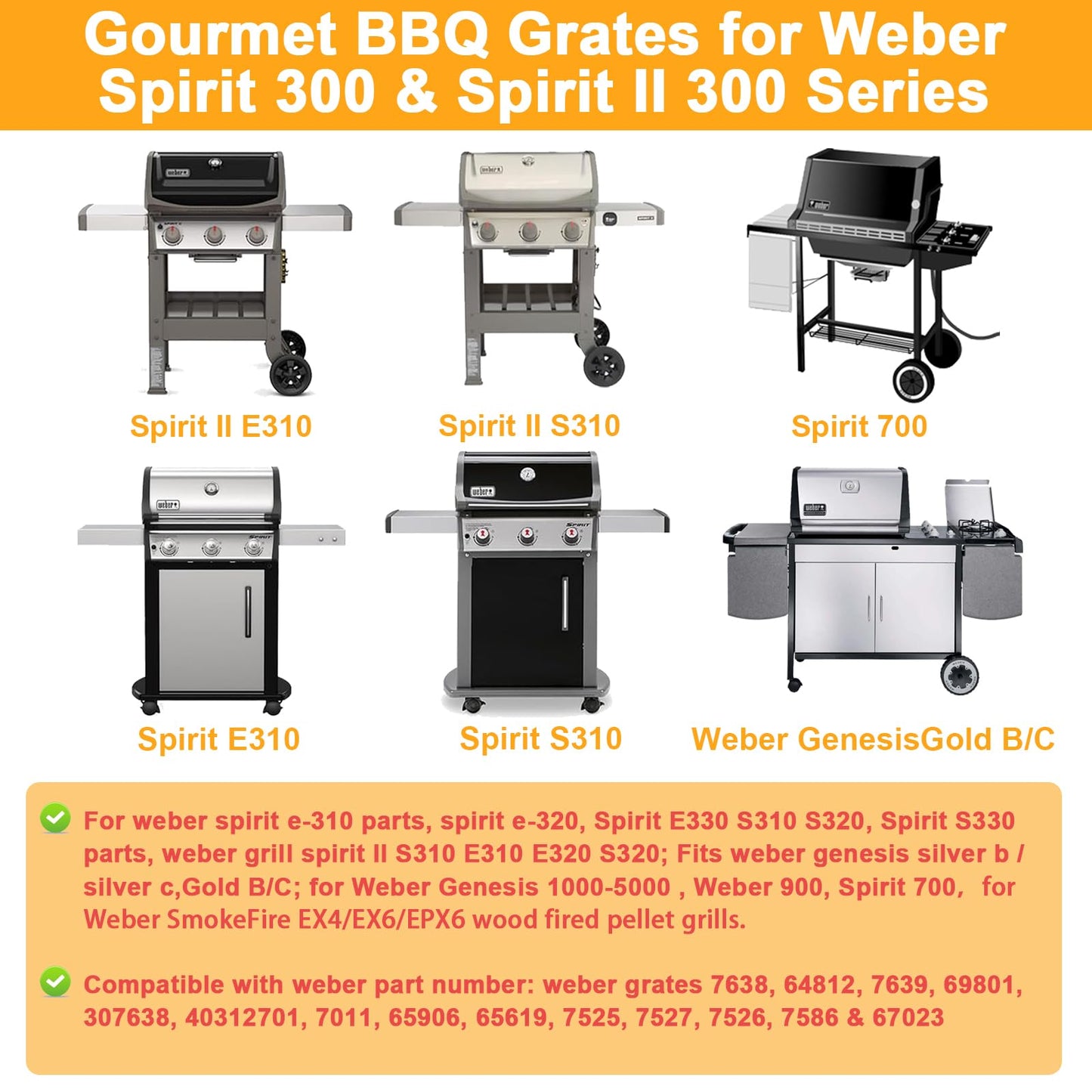 64812 Grill Grates for Weber Gourmet BBQ System Spirit II 300 & Spirit 300 SER Cooking Grates Spirit E-310, Genesis Silver B/C, Gold/Platinum B/C, Genesis 1000-5000, for Weber Grill Parts 7638 7639