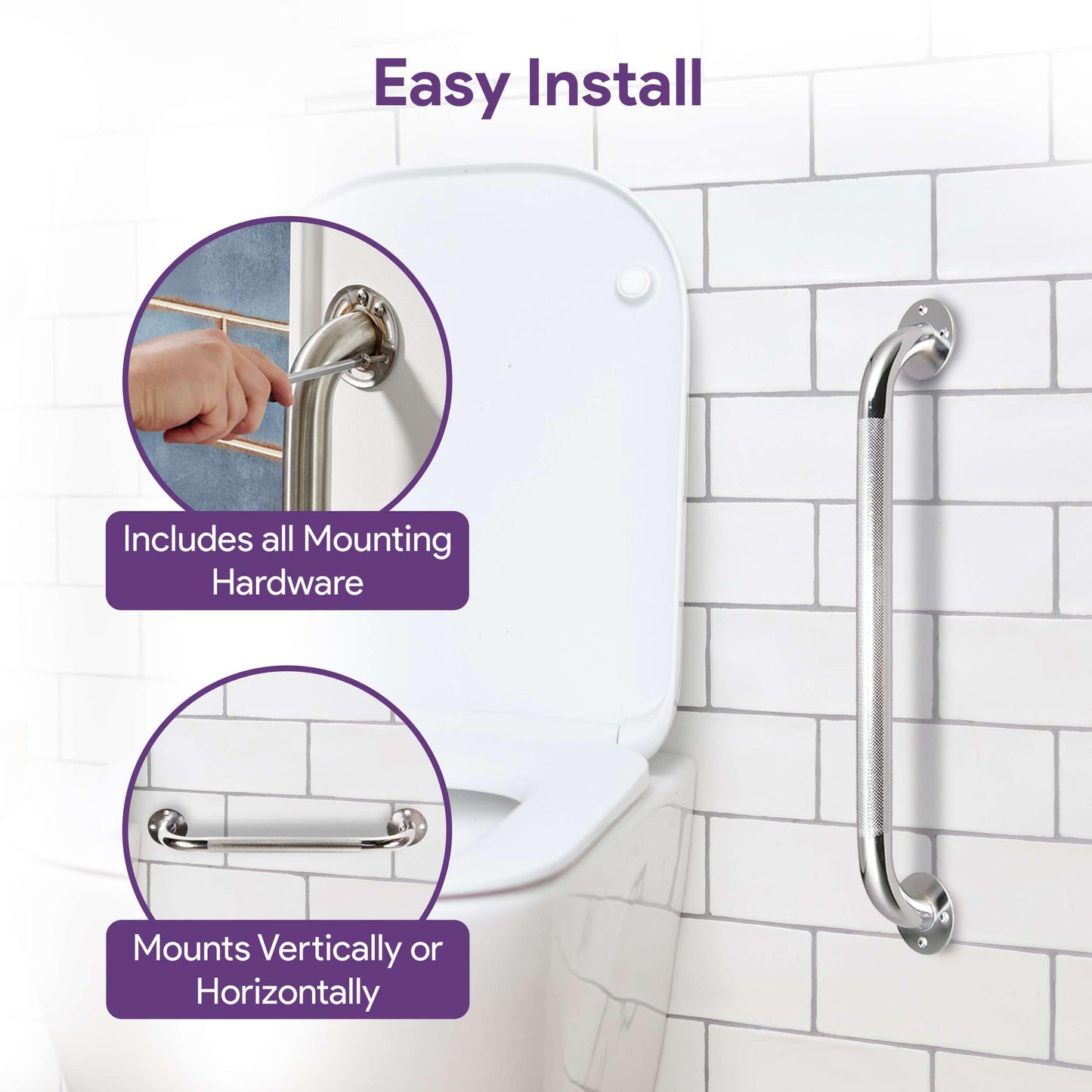 24 Inch Grab Bars for Bathtubs and Showers - Chrome Knurled Bathroom Safety Rail Handle - Non Slip Textured Grip Handicap Grab Bar for Seniors, 250 lbs Weight Support Capacity