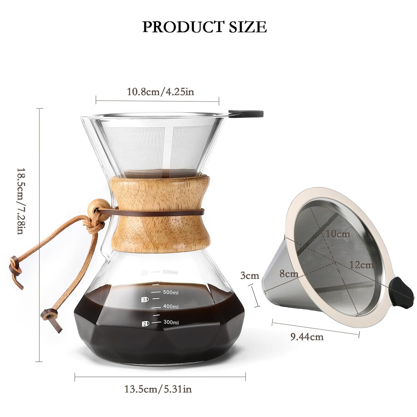 Lalord Pour Over Coffee Maker with Stainless Steel Filter, 600 ml Borosilicate Glass Coffee Maker Carafe, Wooden Collar, Coffee Dripper Brewer, Hold 3 Cups, 20 oz, Clear