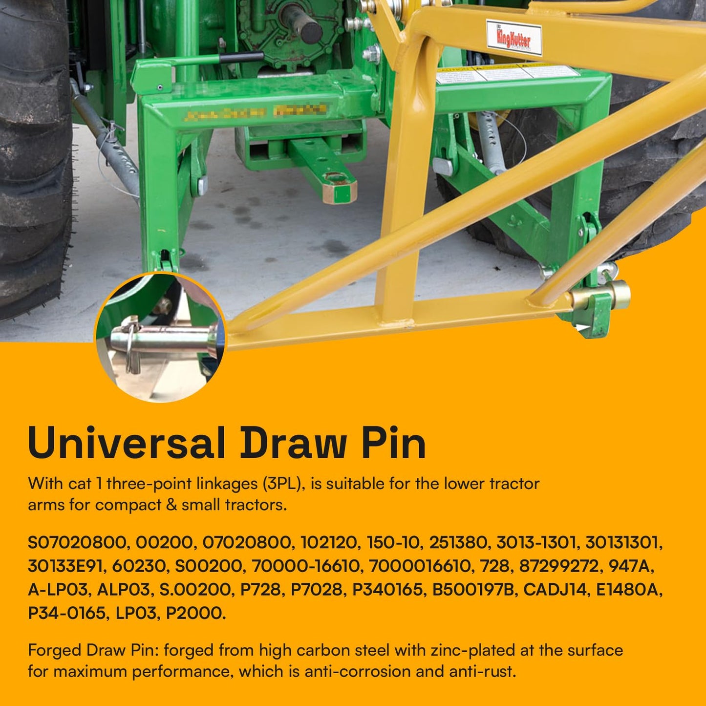 Sunluway 3 Pack Cat 1 Draw Pin Lift Arm Pin, 7/8 in Dia, 5-1/2 in Universal, Forged, Silver, Carbon Steel, Powder Coated, Tractor Hitch Accessories