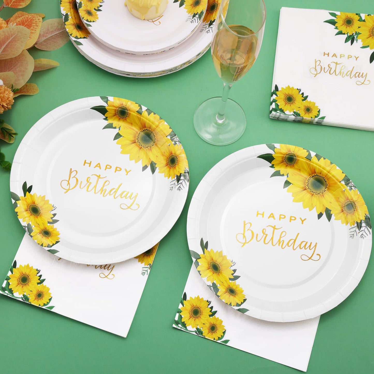 Gudvilla Sunflower Birthday Decorations for Women, Happy Birthday Plates and Napkins for Women Girl, Sunflower Party Decorations Serves 25, Thanksgiving Fall Party Decorations