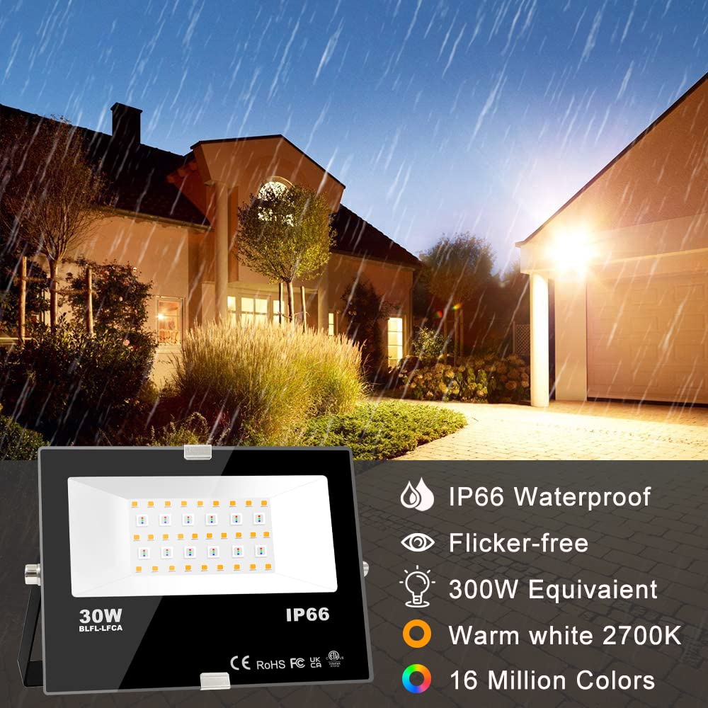 LED Flood Light Outdoor 300W Equivalent, Smart RGB Color Changing Floodlight with APP Control, Warm White 2700K -Timing - DIY Scene, IP66 Waterproof, US Plug, Yangcsl（Pack of 2