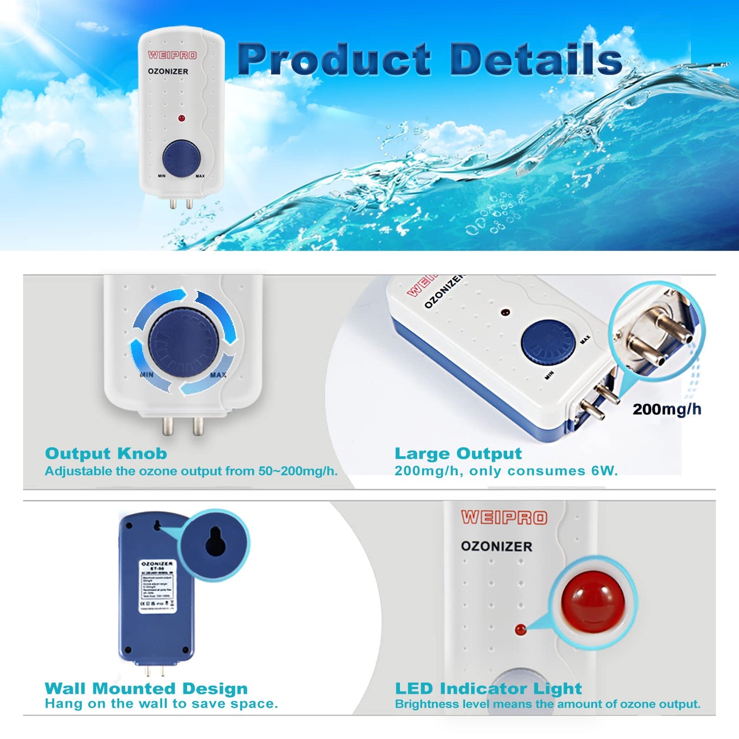Aquarium Ozonizer 200mg/h Adjustable, Suitable for 135 ~ 530 Gallon Freshwater and Saltwater, Fish Tank or Small Pond, Can Work with ORP Controller, ET-200(200mg/h)