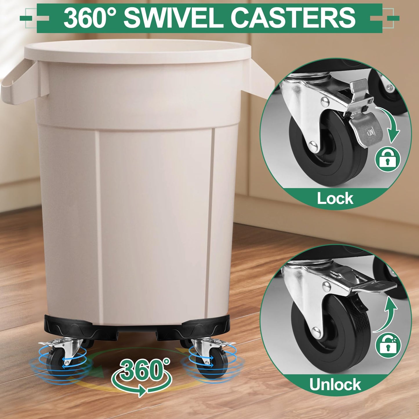 ToLanbbt Trash Can Dollies with Upgraded Wheels, 15-19 in Adjustable Round Furniture Dollies, Drum Rolling Bases Heavy Duty 480 LBS Keg Bases for Garbage Cans, Wine Barrels, Plants, Black, 2 Pack