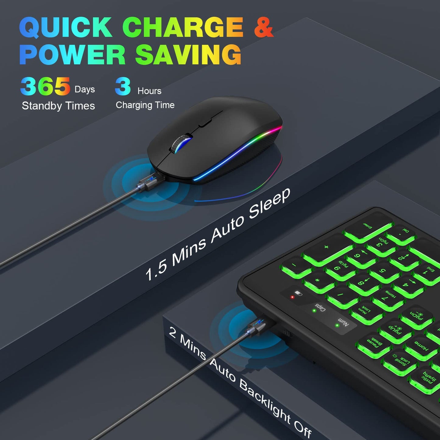 Wireless Keyboard and Mouse Combo - RGB Backlit, Rechargeable, Quiet Typing, Light-Up Keys, Full Size, Ergonomic Tilt, 2.4GHz USB Receiver for Windows, Mac, Laptop, PC, Trueque (Black)