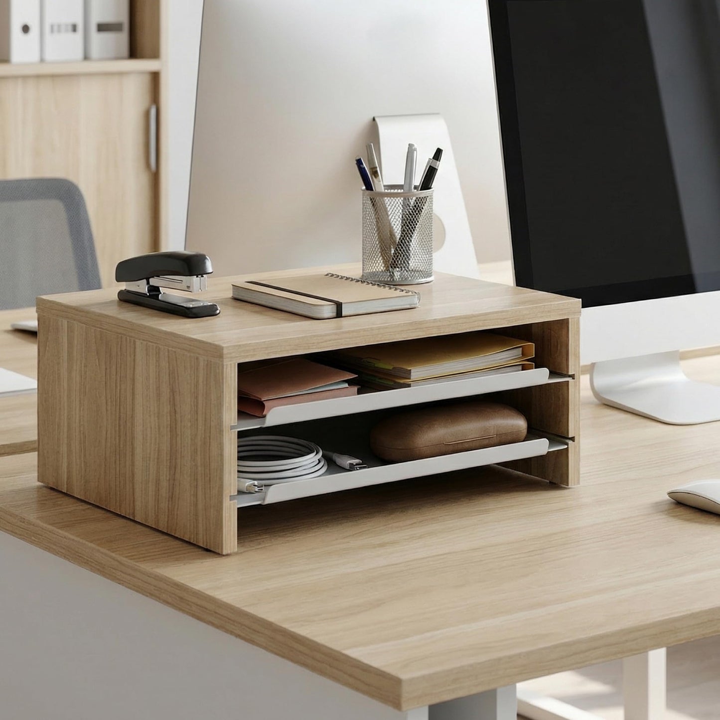 FENGE Monitor Stand, 3-Tier Monitor Riser with Slide-Out Tray, Wooden and Metal Desktop Organizer for Home Office, Computer, Laptop, Printer, Telephone,Oak