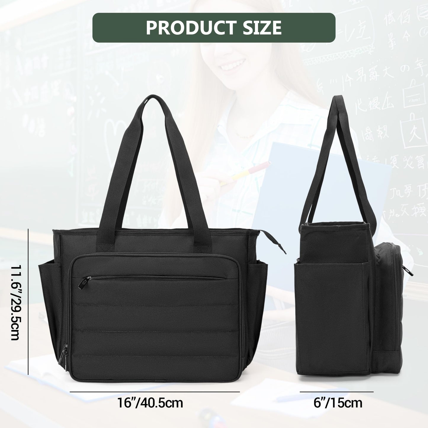 CURMIO Large Teacher Tote Bag for Women, Portable Teacher Bag with Accordion Organizer Compartment and Padded Laptop Sleeve for School Supplies, Ideal Gifts for Teachers, Black (Patent Pending)