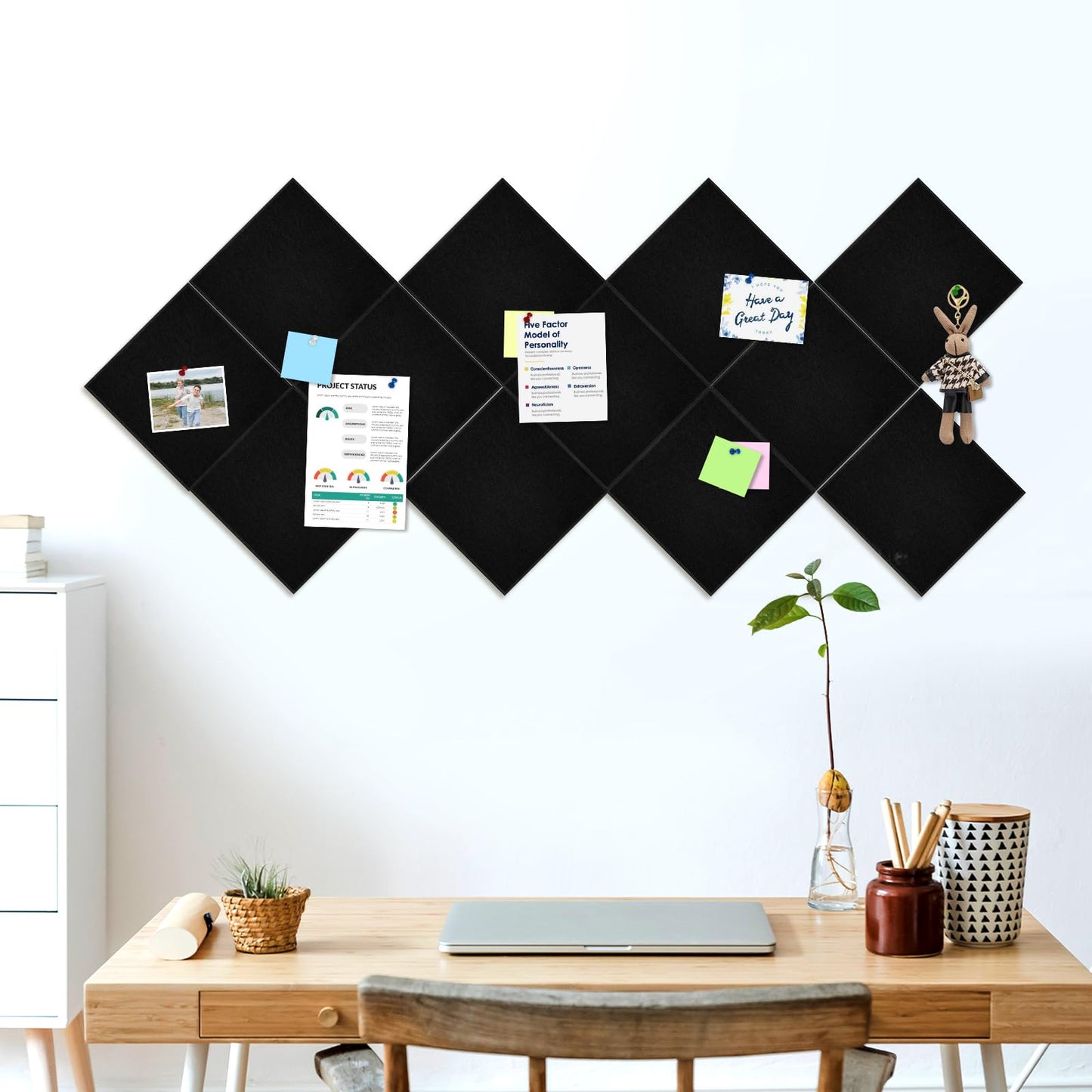 AMUSIGHT Large Cork Board Tiles, 12 Packs 48" x 36" 1/2" Thick Cork Bulletin Board Felt Board Self Adhesive Cork Boards for Walls Home Office Kitchen School, 120 Push pins, Black