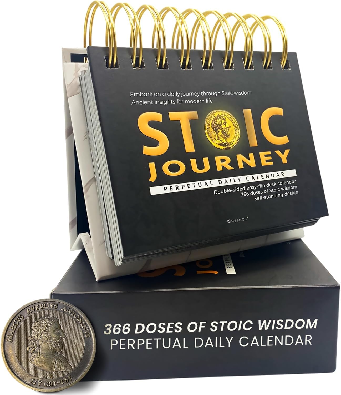 MESMOS 366 Daily Stoic Calendar for Men - Inspirational Gifts with Marcus Aurelius Coin, Perpetual Desk Decor & Affirmations, Fathers Day Gift for Dad, Husband, Coworker, Office Present