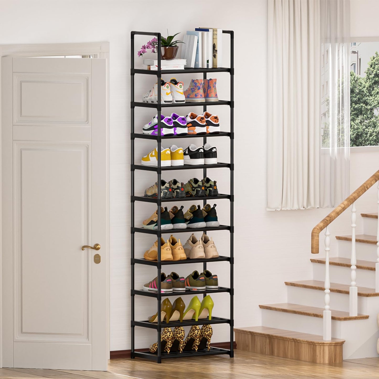 OYREL 10 Tier Shoe Rack,Sturdy Metal Shoe Organizer, Narrow Shoe Rack, Shoe Racks for Closets, Black Shoe Shelf