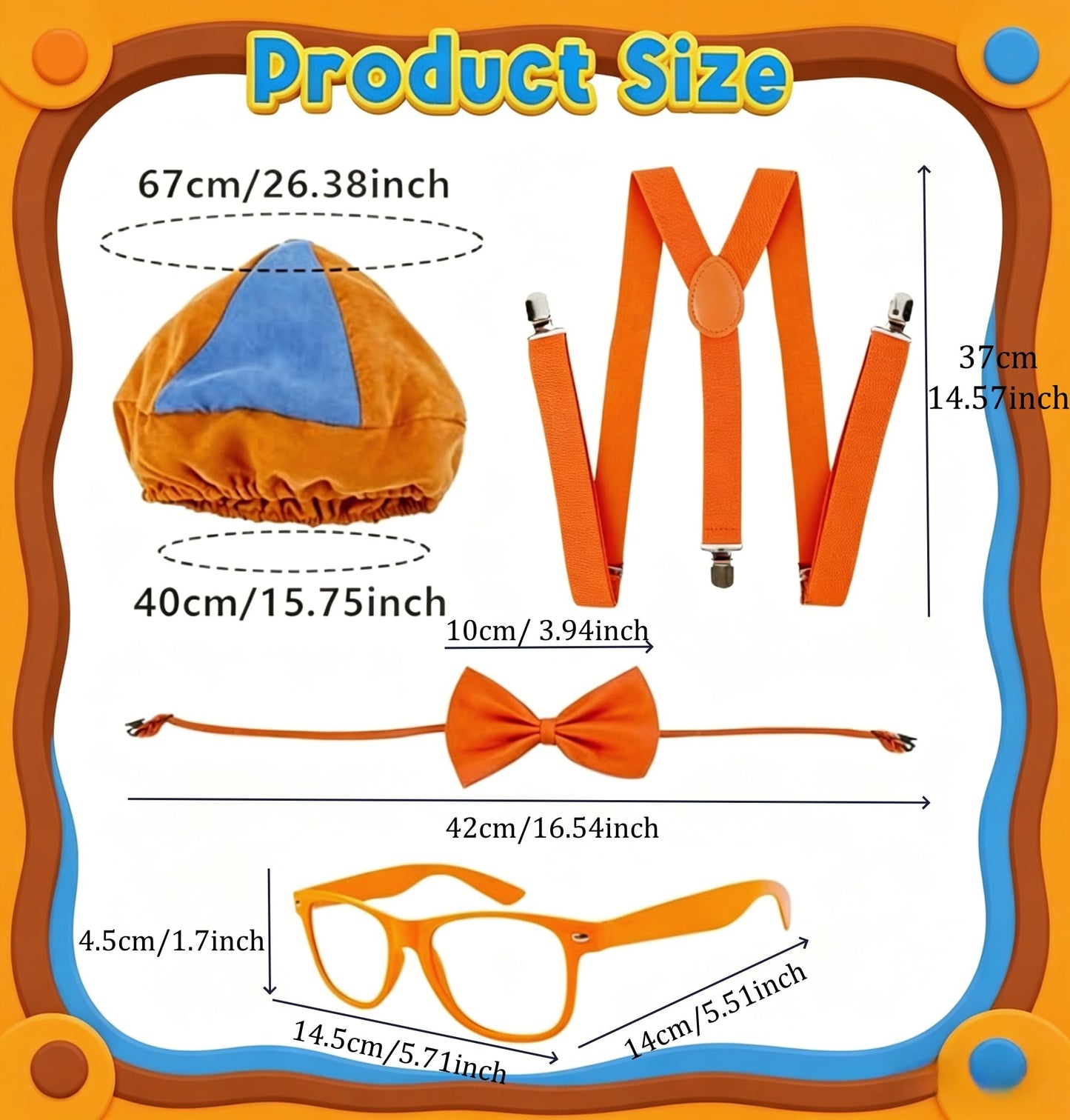 Kids Costume Set - Orange Bow Tie, Suspenders, Hat & Glasses for Dress Up & Halloween | Boys & Girls Roleplay Accessories