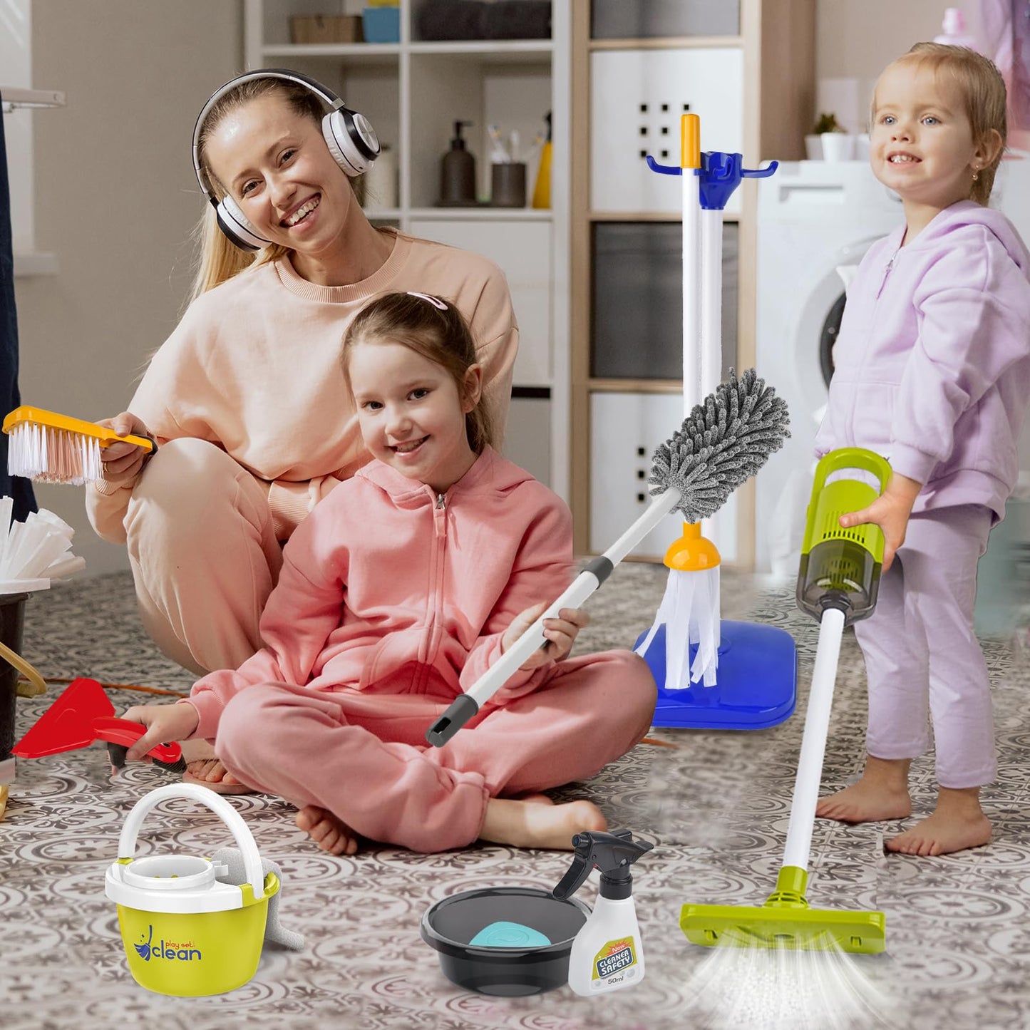 Kids Cleaning Set14 Piece -Toddler Cleaning Toy Set Includes Real Working Vacuum Cleaner, Broom, Mop, Brush, Spray, Duster, Preschool Educational Pretend Play Clean Kit for Toddler (Blue)