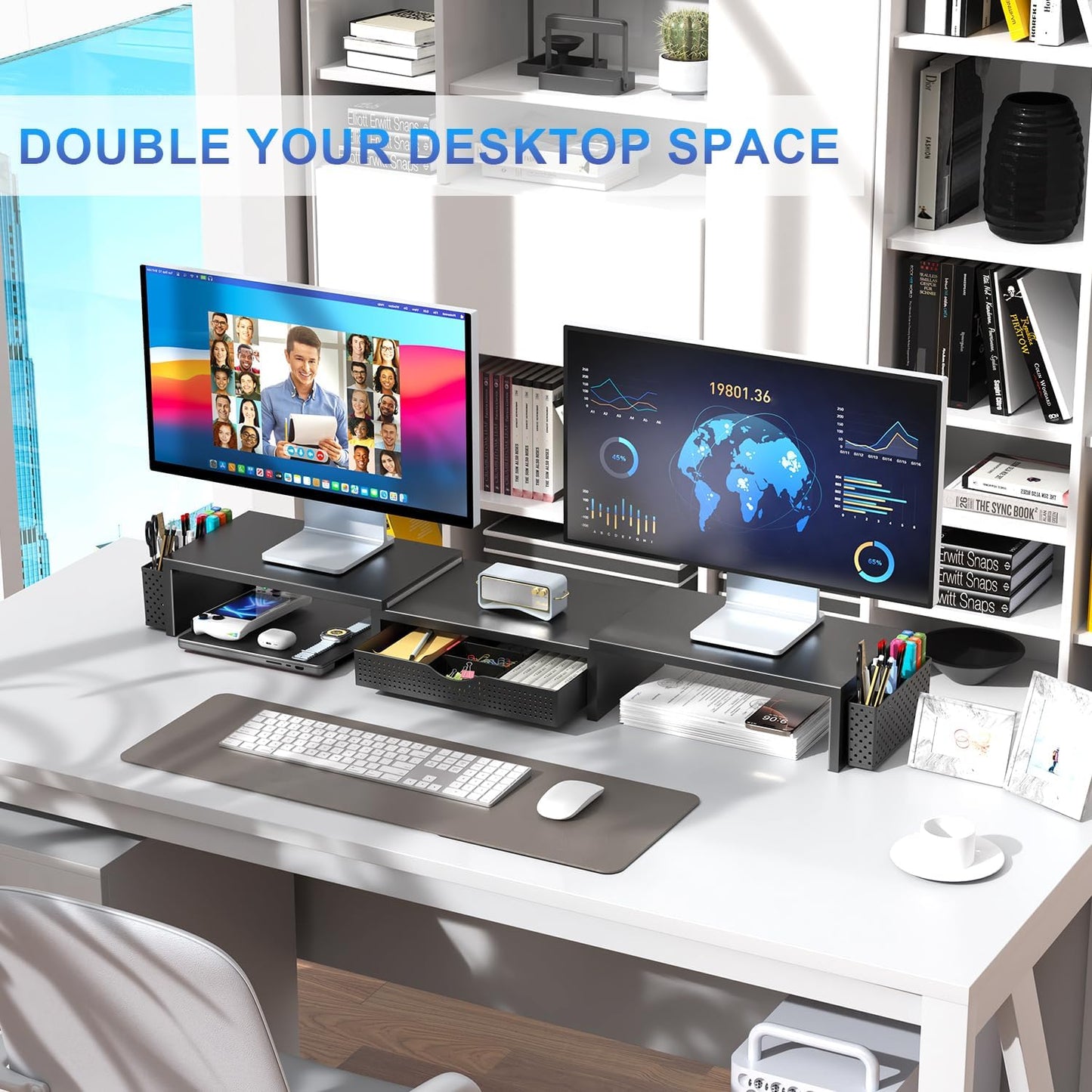 Dual Monitor Stand Riser, Metal Desk Accessories with Drawer and 2 Pen Holder, Adjustable Length and Angle - Computer Monitor Stand for Screen, Computer, Printer (Black)