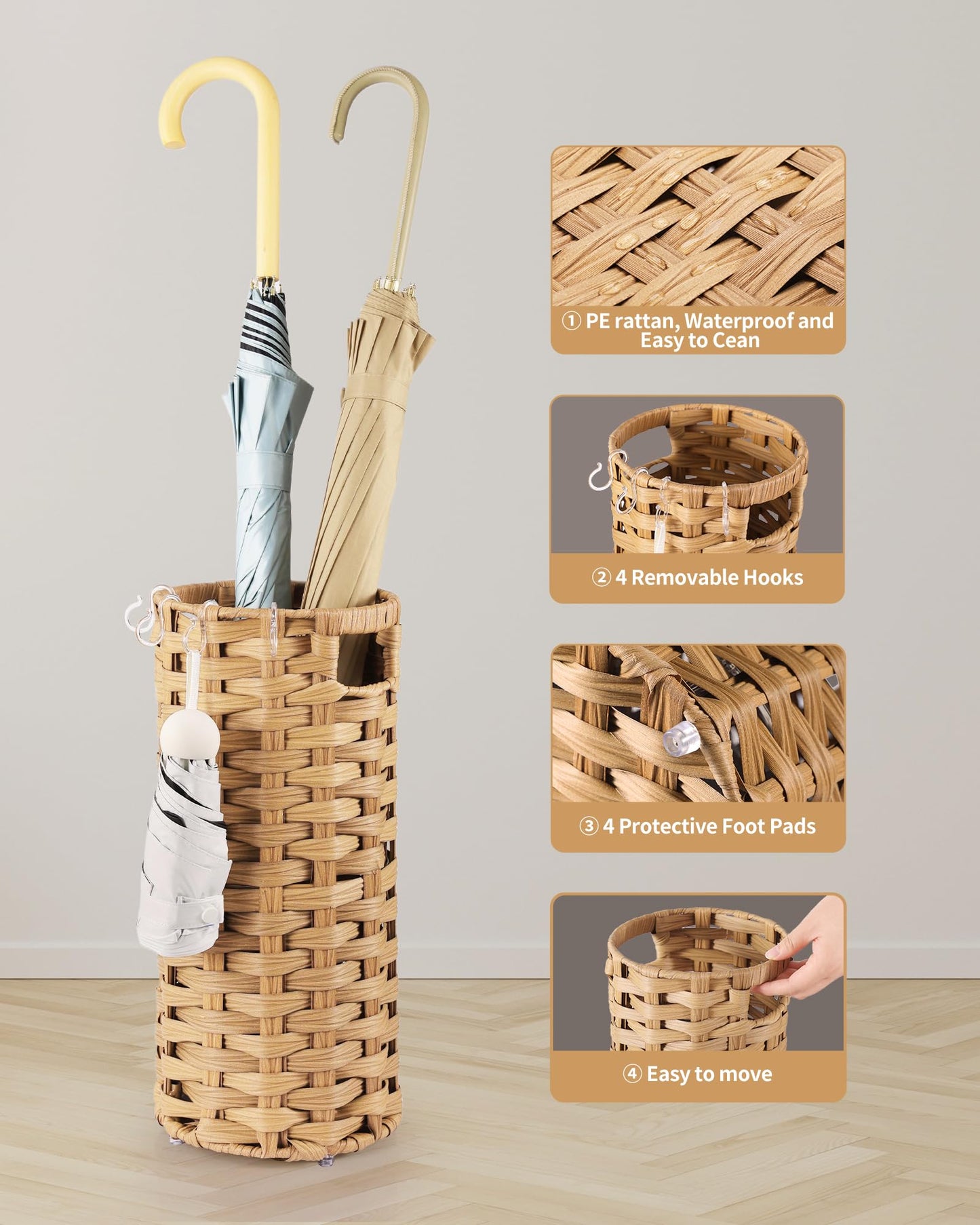 WAOHANAZ Rattan Umbrella Stand, Umbrella Holder for Entryway, Hand Woven Umbrella Rack Organizer Freestanding, with a Detachable Drip Tray, 4 Hooks, 7.5" L x 7.5" W x 16.5" H