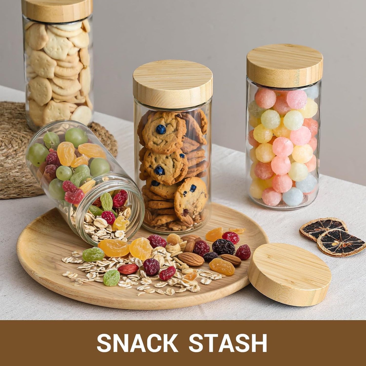 Oillase 4-pack 24oz Glass jars with Airtight Lids, Overnight Oats Containers with Bamboo Lids, Wide mouth Mason Salad jars, Glass Food Storage Containers for Snacks Yogurt Spice Sugar